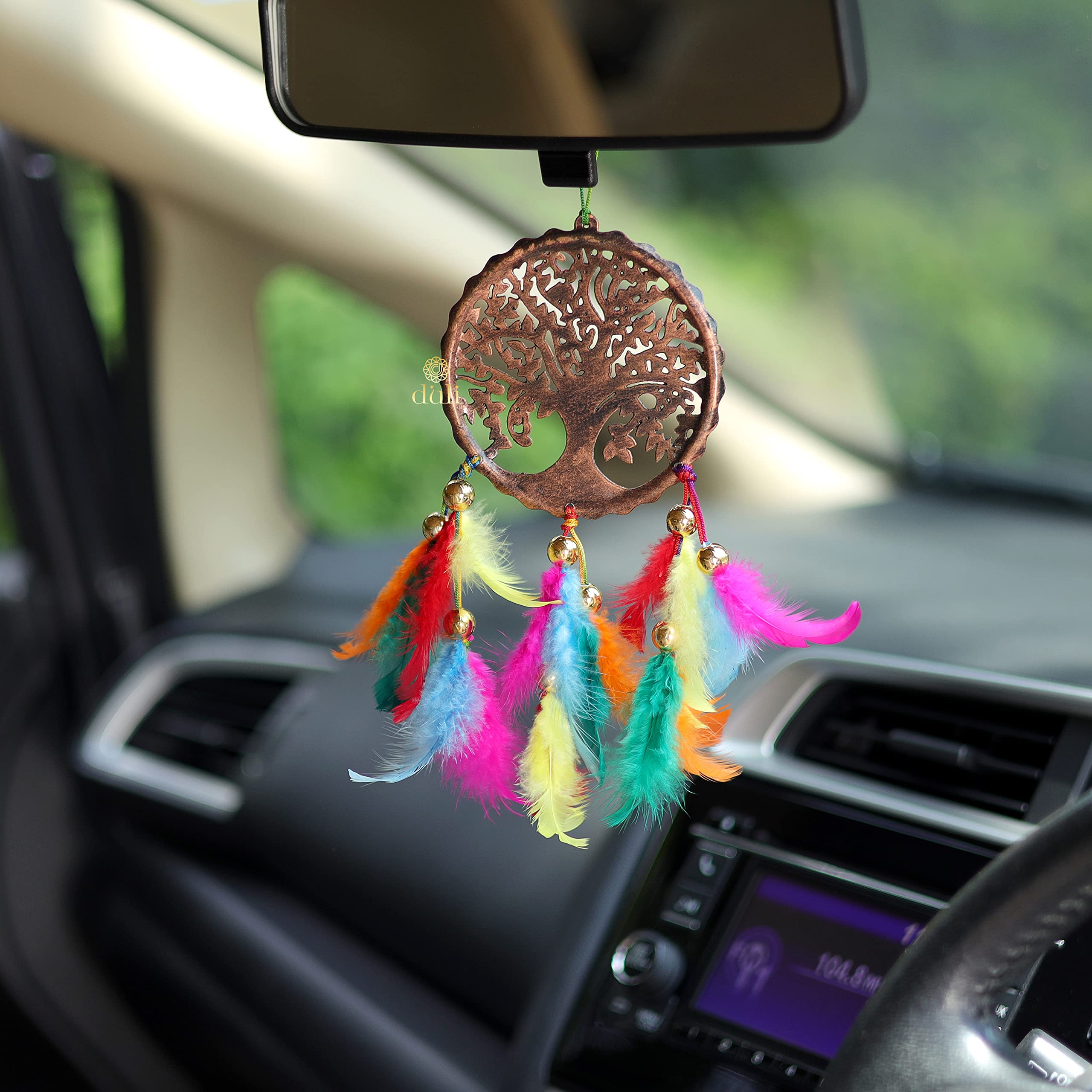 DULI Handmade Feather Car Hangings for Bedrooms,Outdoors or Wall Decor Ornament Car Hanging for Positive Energy and Protection (HangingTreeofLife-MultiColorFeathers)