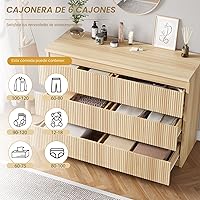 Vista 5 de Jocoevol Cómoda de Roble de 6 Cajones para Dormitorio, Cómoda Acanalada Moderna, Cómodas de Dormitorio con Cajones, Cofre Grande de Cajones