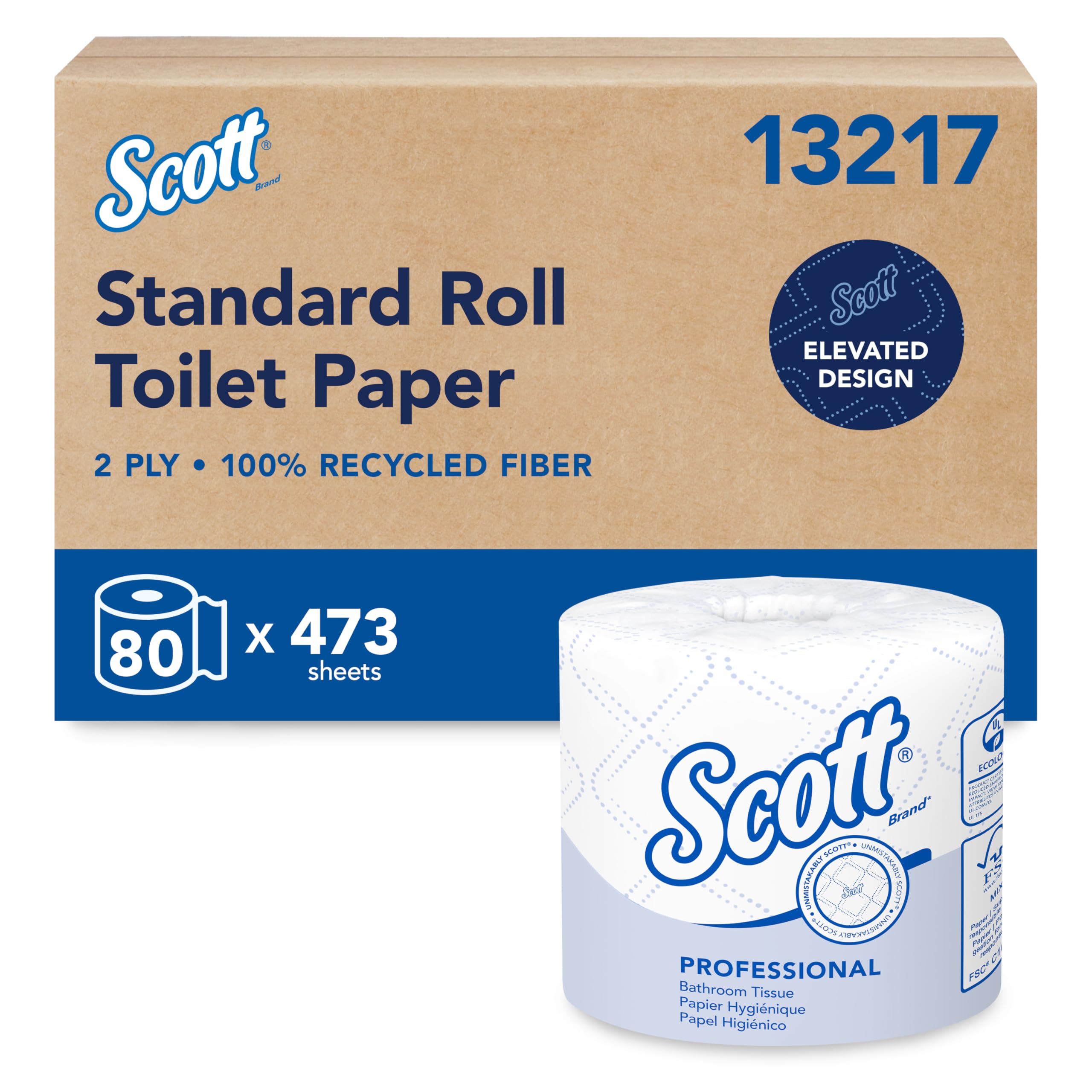 Photo 1 of Scott Professional 100% Recycled Fiber Standard Roll Bulk Toilet Paper (13217), 2-Ply, Elevated Design, White, Individually Wrapped (80 Rolls of 473 Sheets, 37,840 Sheet Total)