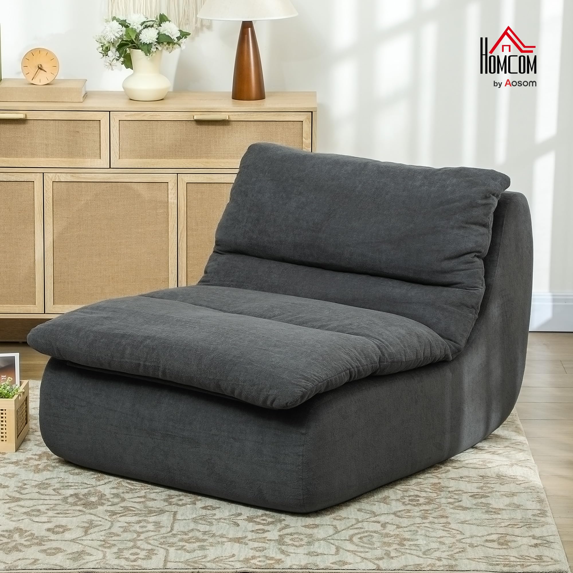 HOMCOM Bodenstuhl mit einteiligem ultrahochdichtem Schaumstoff, Bodensessel Lazy Sofa mit Samtoptik Meditationsstuhl Relaxsessel für Zuhause, Büro, Grau