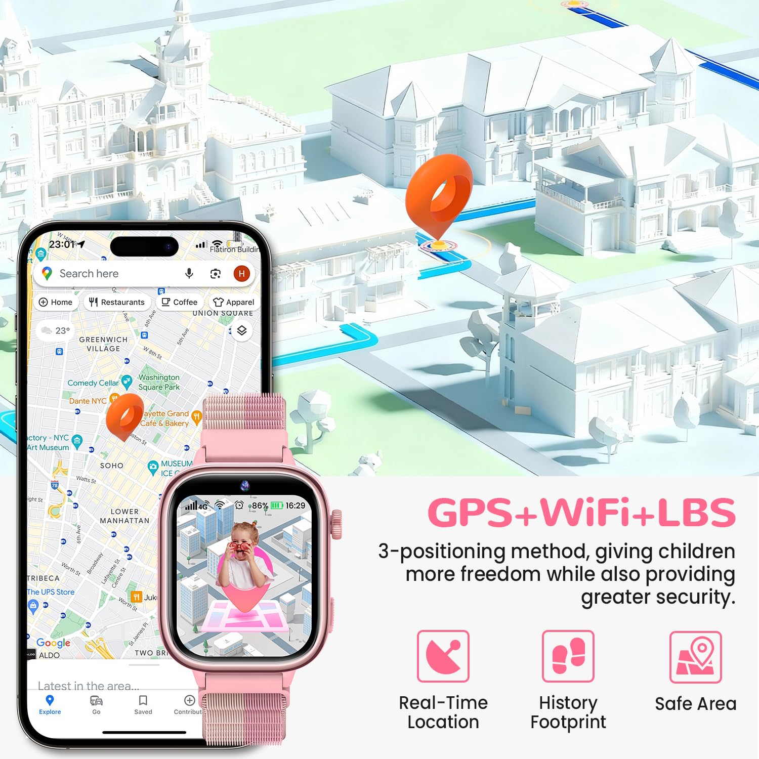 RUXINGX Smartwatch Kinder GPS, Kinderuhr mit Telefon und SOS (Rosa) | HD Videoanruf, Voice Chat, Schulmodus, Wecker, Schlafen, IP68 Wasserdicht, SMS, Schrittzähler, Geschenke für Mädchen Jungen