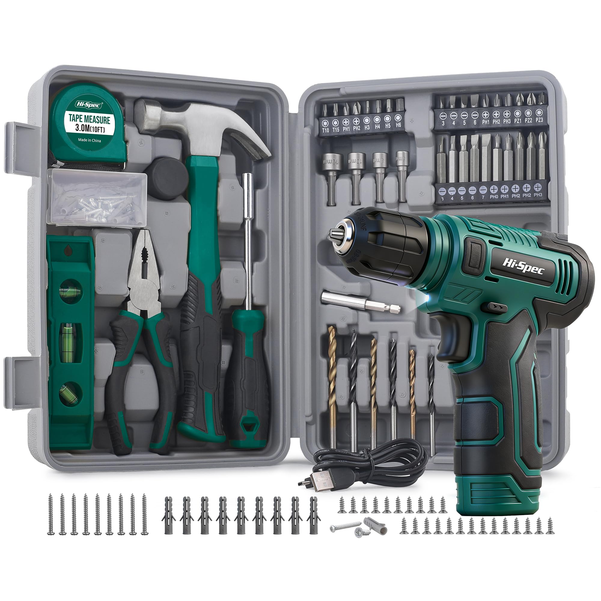 Hi-Spec 8V Cordless Drill Set & Tool Kit for Men – Power USB Rechargeable Electric Drill Driver, Compact Hand Toolbox with Essential Tools, Green, Ideal for Home Improvement