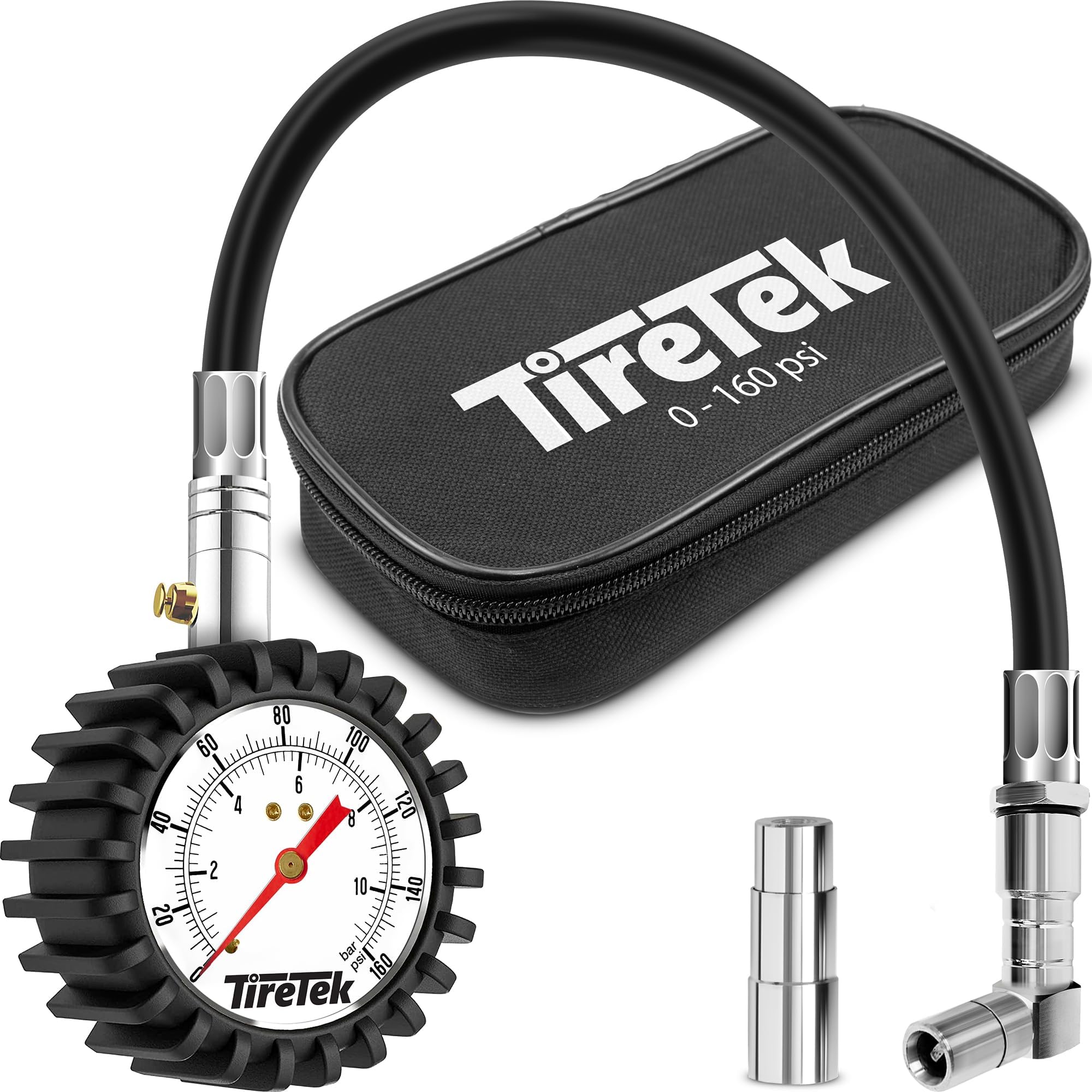 Road Bike Tire Pressure Gauge, 160 PSI with Interchangeable Presta Valve & Schrader Valve Air Chucks for Hybrid & Road Bicycle, Easy to Read Glow Dial Bike Pressure Gauge with Storage Pouch