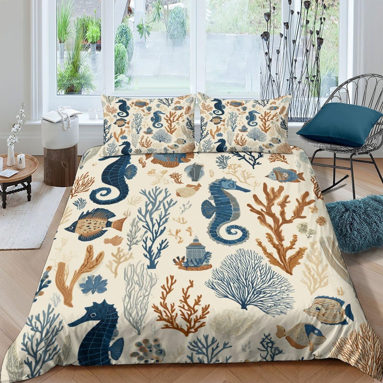 Ctjqhvkz Style-10 3D Printed Ocean Seahorse Fitted Sheet Microfiber Soft Breathable Coral Mattress Cover Bedroom Decor Single（135X200cm）
