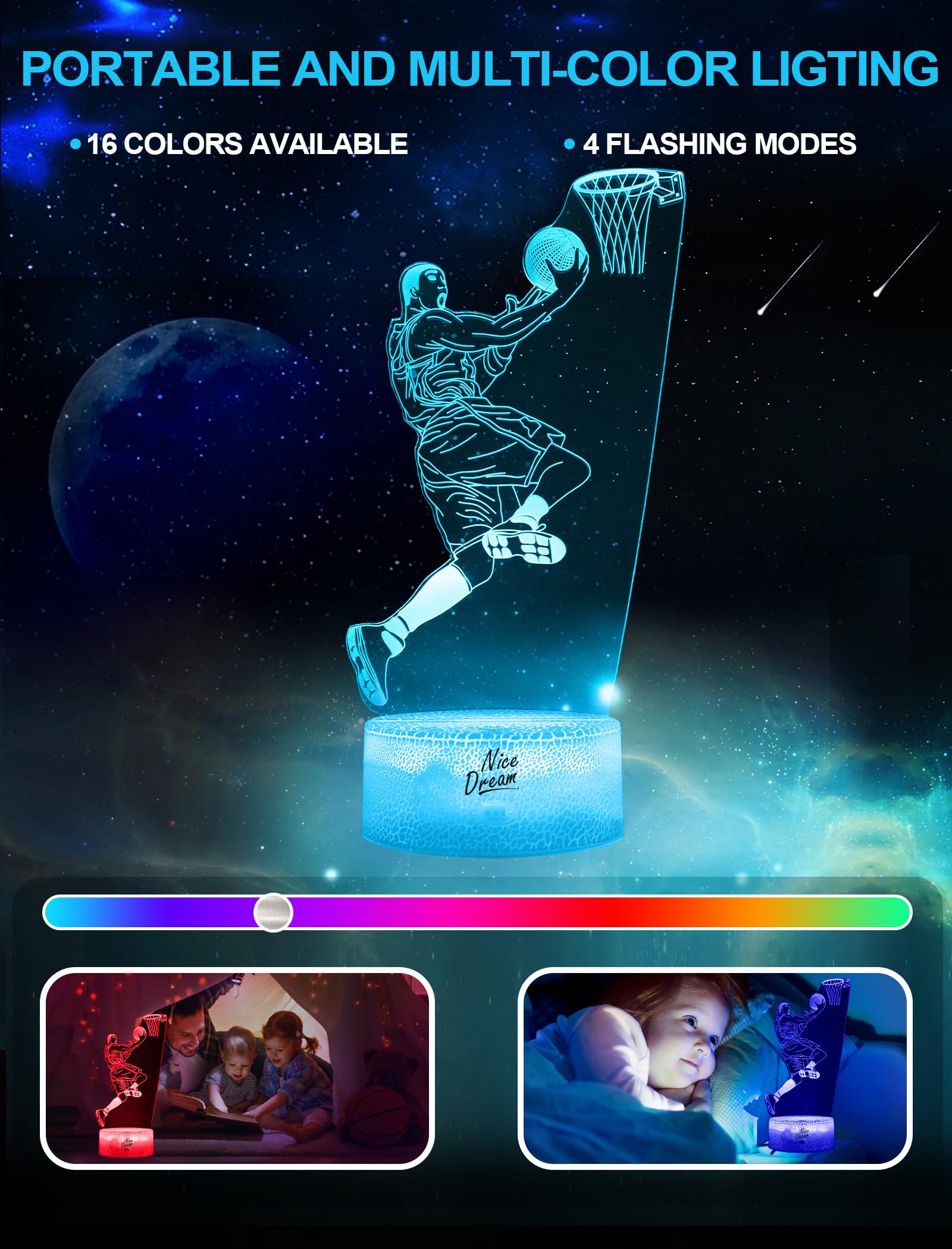 Nice Dream Luce Notturna da Basket per Bambini, Lampada da Illusione 3D Luce LED, Telecomando 16 Cambia Colore Dimmerabile, Regali di Natale per Ragazze Ragazzi Arredamento Camera da Letto
