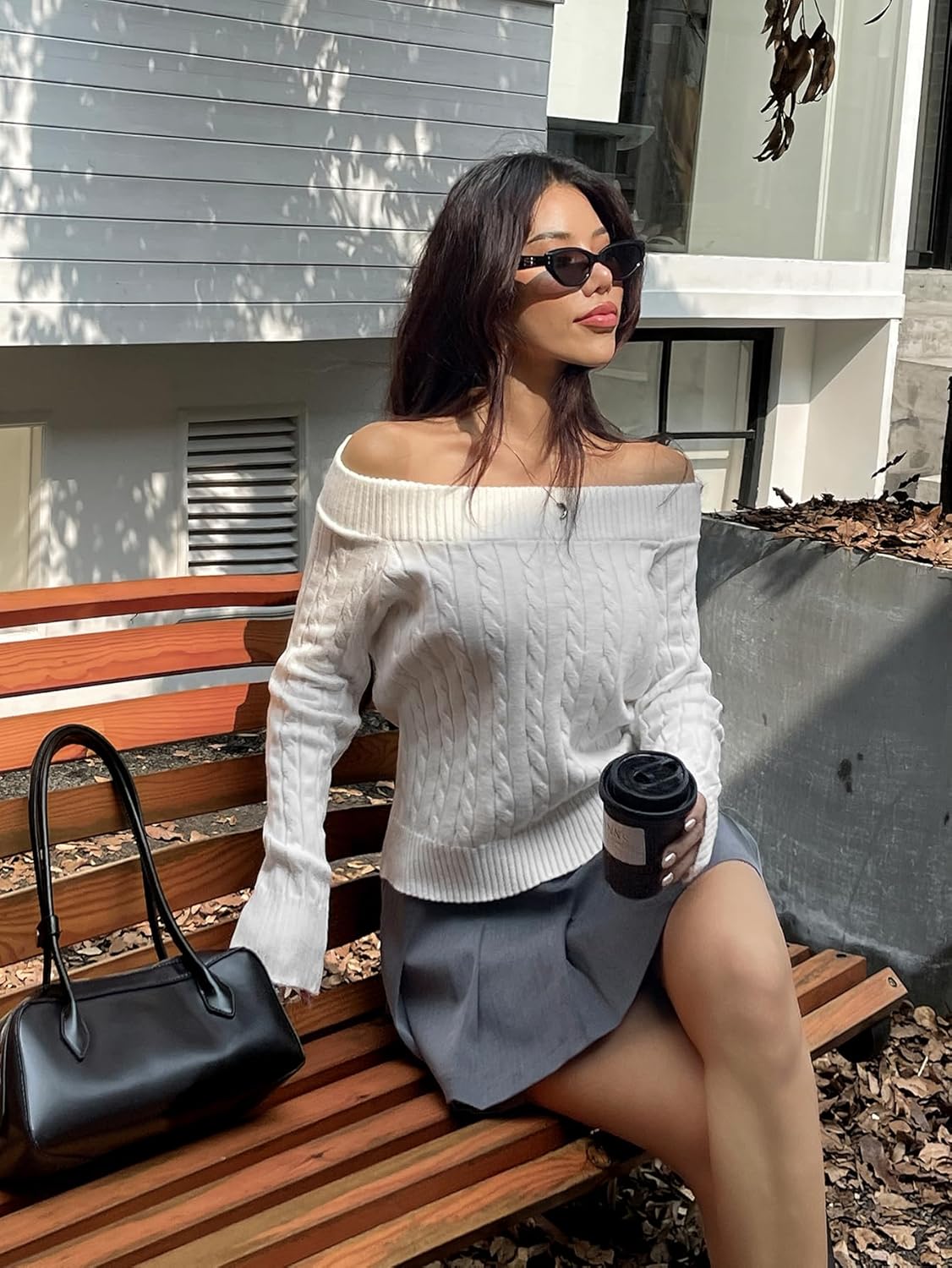 Womens Off The Shoulder Long Sleeve Cable Knit Sweater Preppy Tops Loose Fit 2026 Fashion Y2k Fall Winter Clothes - Image 7