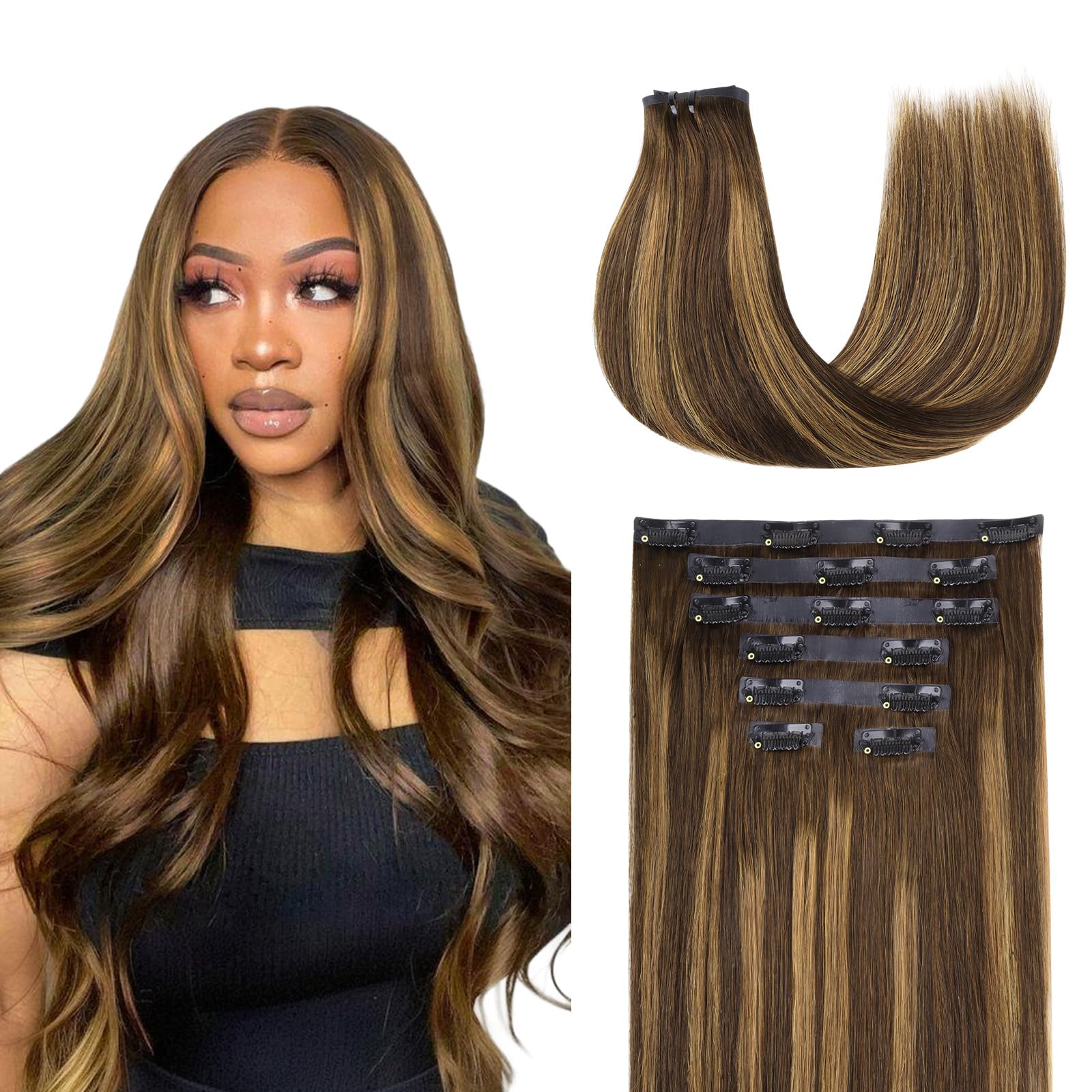Lashey Seamless Clip in Hair Extensions Human Hair, 14 Inch 110g 7pcs Straight Balayage Chocolate Brown to Honey Blonde with Brown Root Highlight Clip