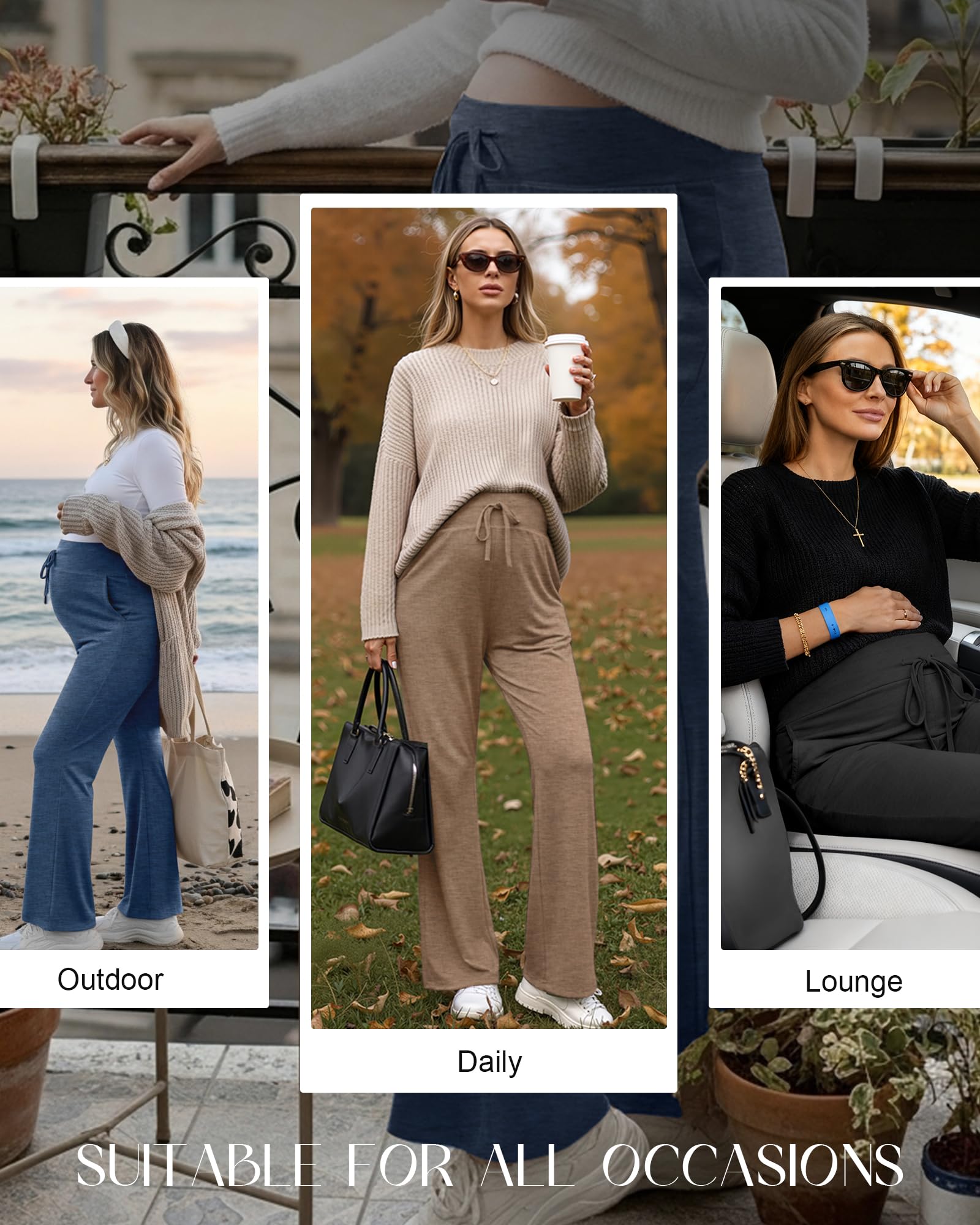 Neer Confezione da 3 pantaloni premaman da donna, a gamba larga, casual, con coulisse, pantaloni svasati con tasche