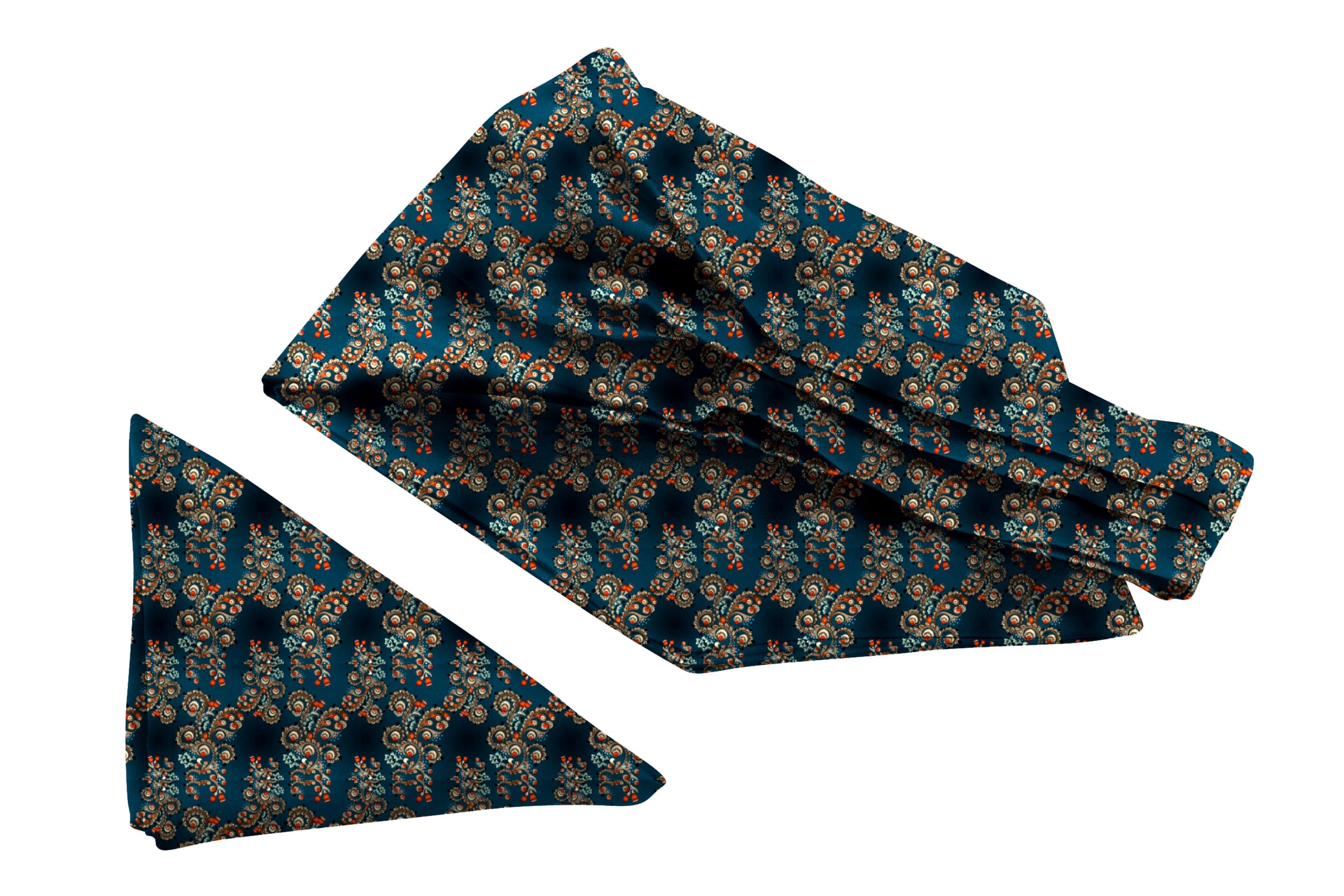 blacksmith Navy Blue Japanese Floral Printed Neckwear Ascot and Matching Pocket Square Set for Men-picture-22