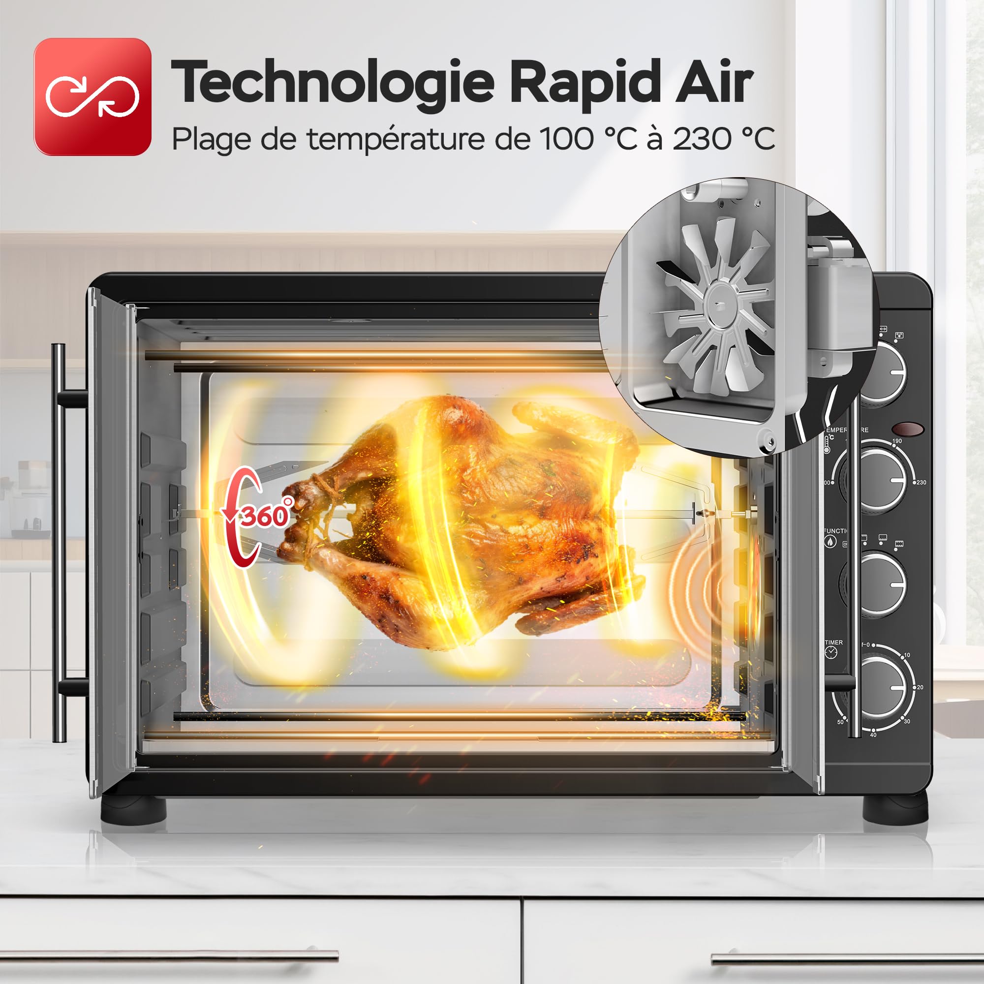 TurboTronic Mini four avec chaleur tournante, 45 l, noir, 2000 W, tournebroche, minuteur, mini four, four à pizza, plaque de cuisson, éclairage intérieur