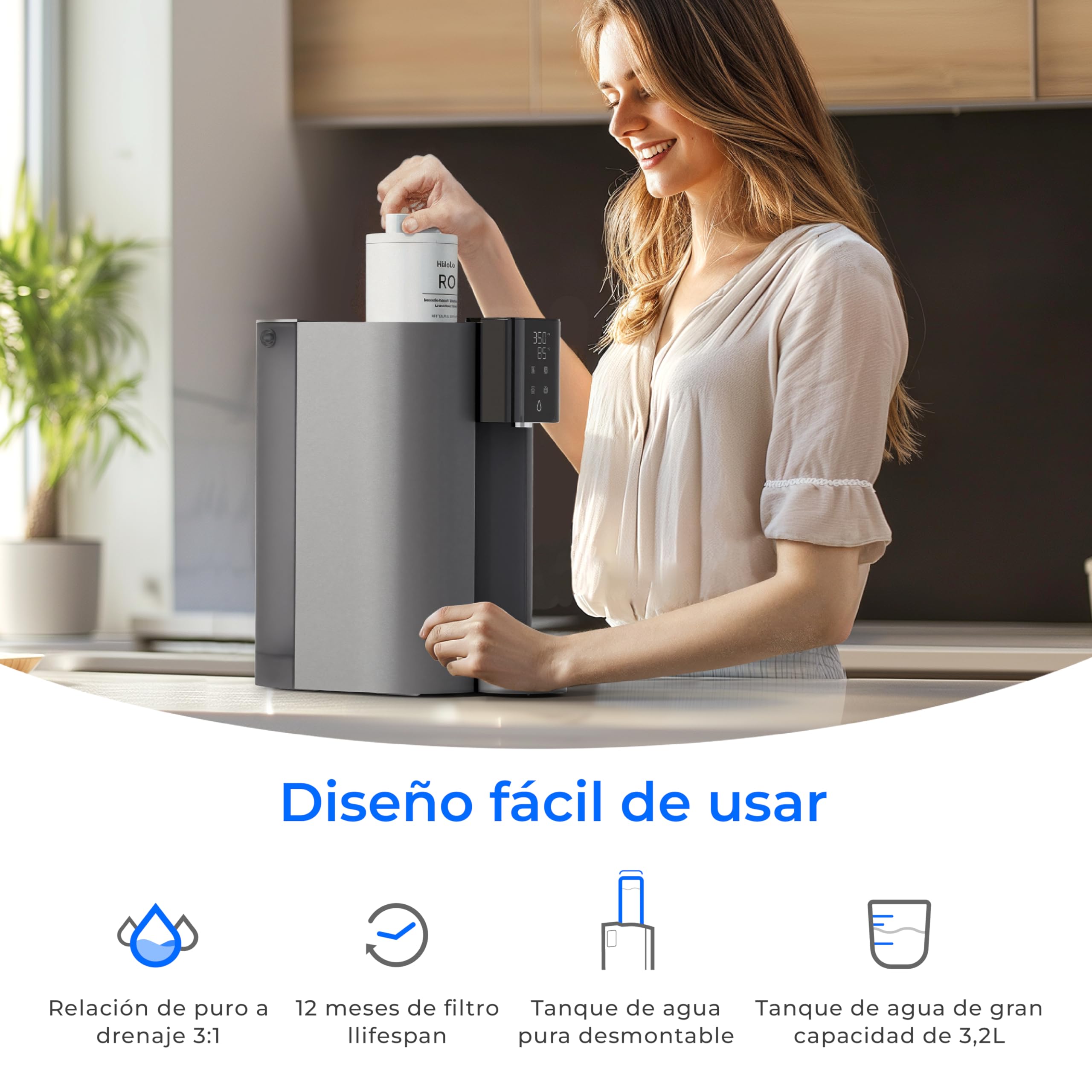 Waterdrop CoreRO Encimera Osmosis Inversa Sistema,Caliente Instantáneo Dispensador de Agua,5 Opciones de Temperatura,RO de Encimera C1H de 6 Etapas,3:1 Puro para Drenar,WD-C1H | Reduce PFAS, Sin Instalación, Relación 3:1 Pura/Descarga, Certificado NSF/ANS