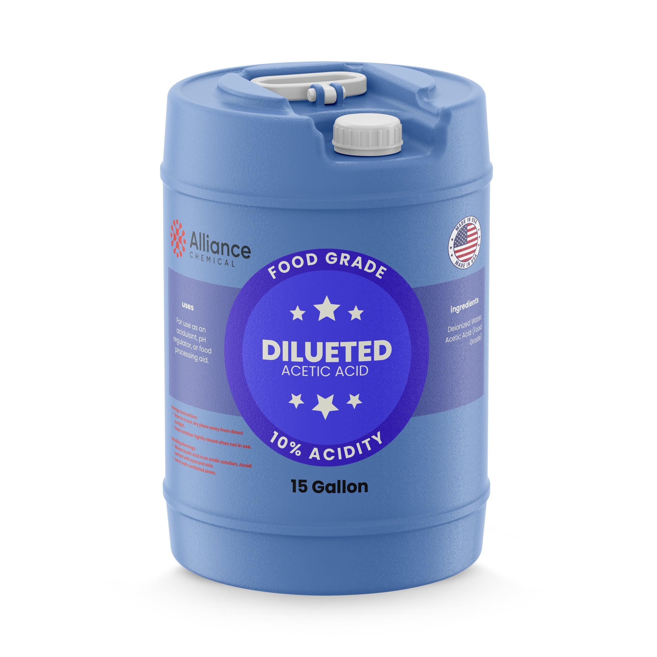 10% Diluted Acetic Acid Food Grade - 15 Gallon Drum – for Industrial Cleaning, pH Adjustment, Metal Surface Treatment, and Chemical Processing