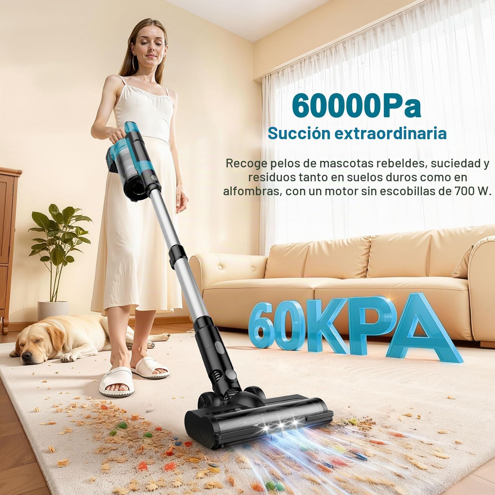 60KPA/700W Aspiradora Sin Cable Potente, 70Mins Escoba Aspiradora Sin Cable con Baterías Desmontables de 2 * 4,0Ah, Cepillo Anti-Enredo,Pantalla LED, para Mascotas/Suelos/Alfombras/Coche
