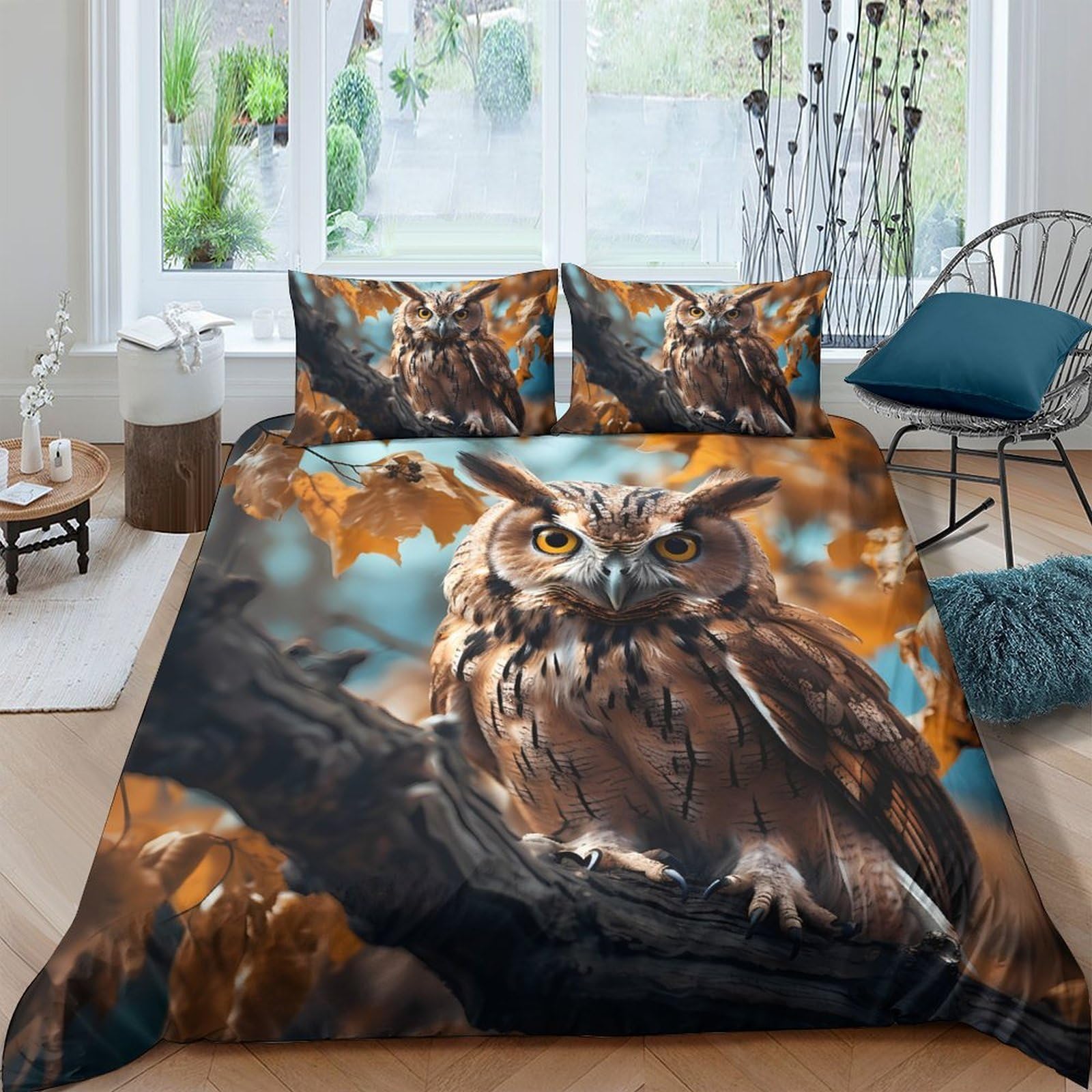 Ctjqhvkz Style-3 3D Printed Owl Forest Fitted Sheet Microfiber Soft Breathable Autumn Leaves Bed Cover For Bedroom Decor Single（135X200cm）