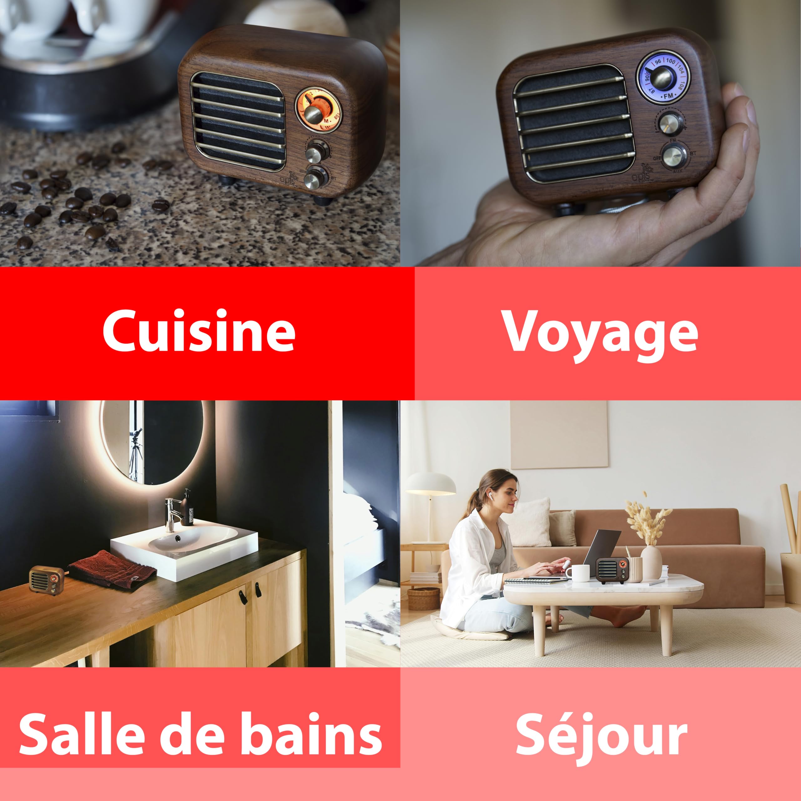 Opis Radio 3 – Petite Radio Portable Rechargeable, dotée de FM et Bluetooth, idéale pour la Maison et Le Chantier, au Style d'un Ancien Poste Radio en Bois (Merisier)