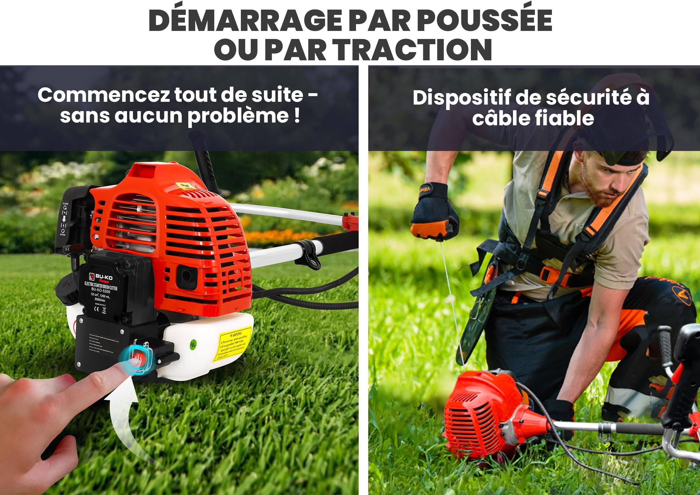 Bu-ko 52 cc d’essence Débroussailleuse de jardin multi-outil – Démarrage électrique par bouton-poussoir et cordon de traction | Coupe-broussailles 3-en-1, taille-haies et fil d’acier pour désherbage |
