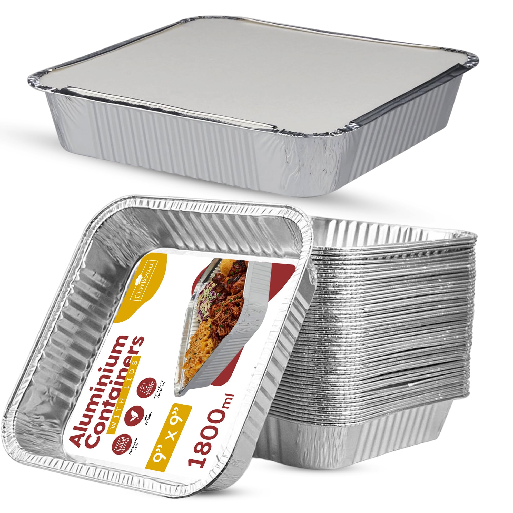 100x Disposable Aluminum Foil Containers with Lids | 9 x 9, 1.5 inches Disposable Foil Trays Containers | Rectangular Tin Foil Trays for Food Storage, Baking, Roasting, and Takeaway (1800ml)