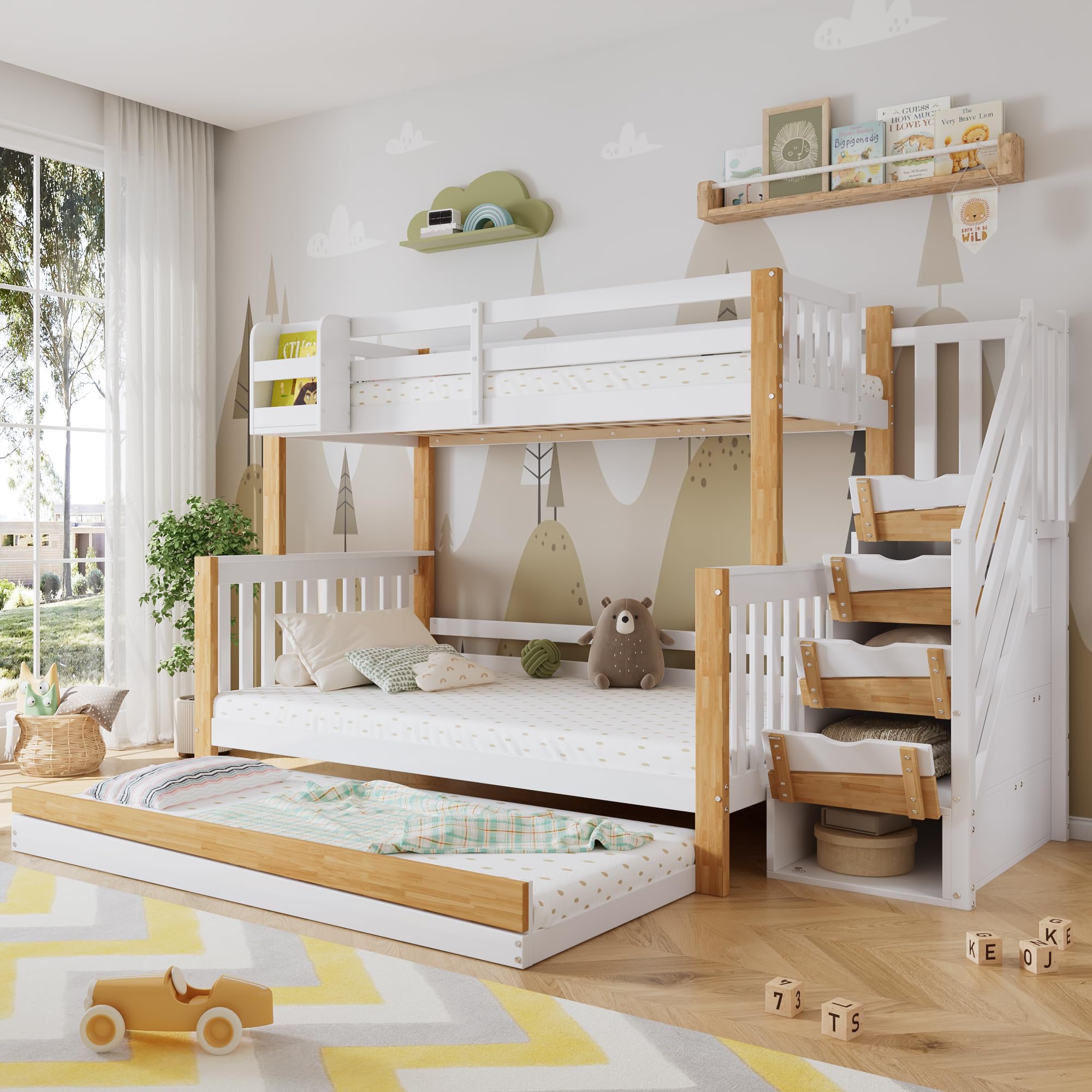 Idemon Litera, cama para niños, con protección contra caídas y rejilla, diseñada con tres posiciones de cama, con cama nido, diseño especial de paneles de puerta, escalera esquinera, madera de pino+