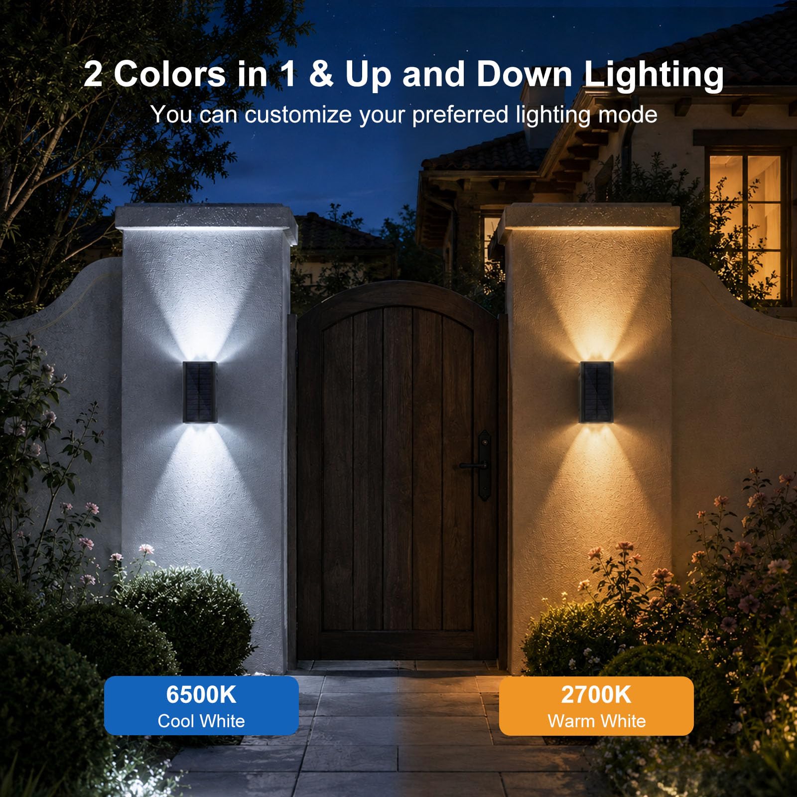 Lacasa Luz Solar Exterior de Pared, 4 Pack 2 Modos Luces Solares Apliques | 2 Colores en 1 (2700K/6500K), Impermeable IP65, Up & Down Iluminación Auto On/Off, LED Lampara Solar para Jardin Garaje Patio