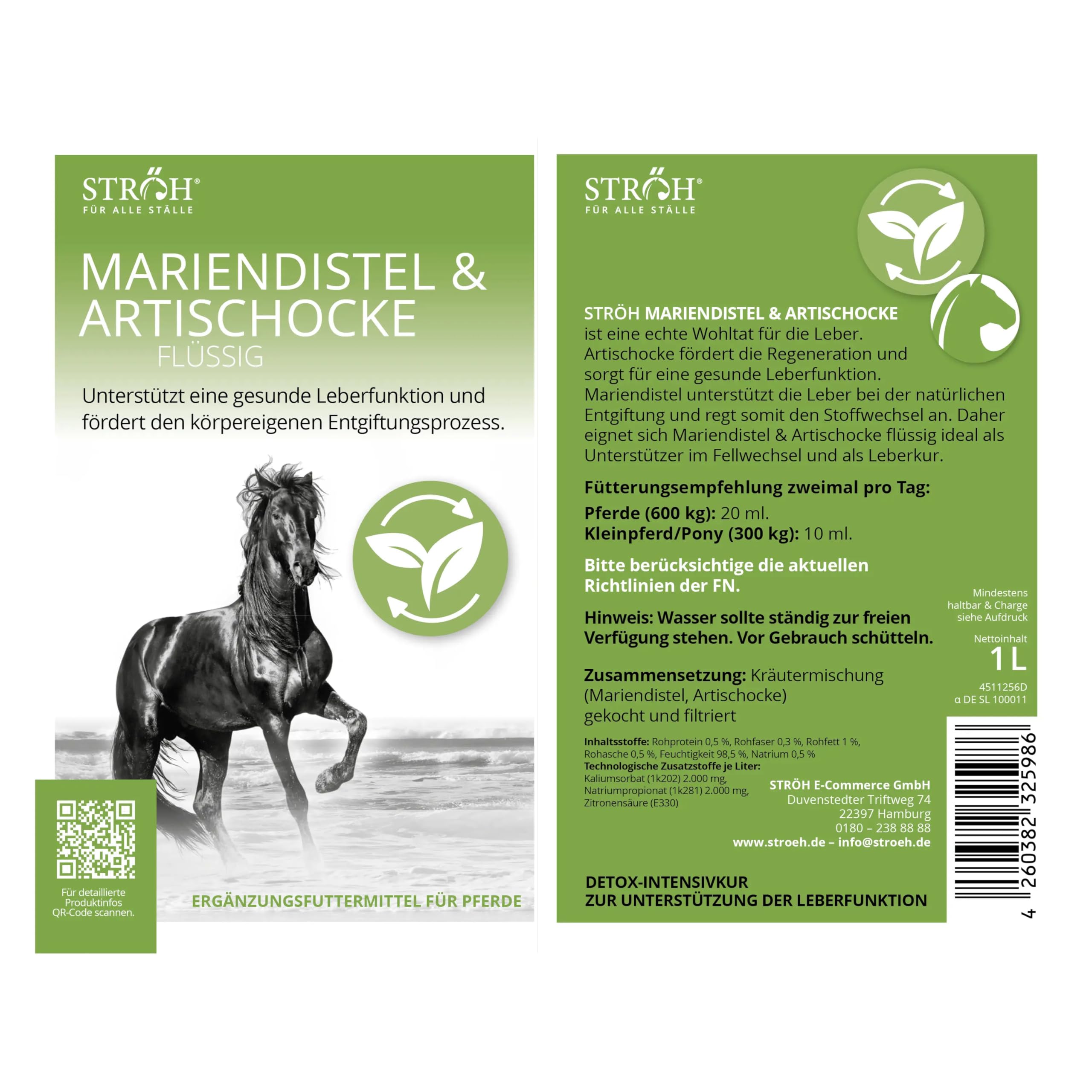 STRÖH Mariendistel & Artischocke flüssig für Pferde - Leber Detox Kur - 1L | Stoffwechsel & Leber - Natürliche Kräuter - Ohne Zusatzstoffe - Hohe Akzeptanz - Leicht zu dosieren - Made in Germany