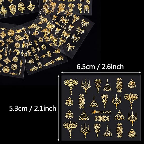 Miniatura 3 de 24 calcomanías de arte de uñas de universo de flores doradas, KISSBUTY Gold Flowers Stars Moon Calcomanías de uñas finas de flores engomadas,