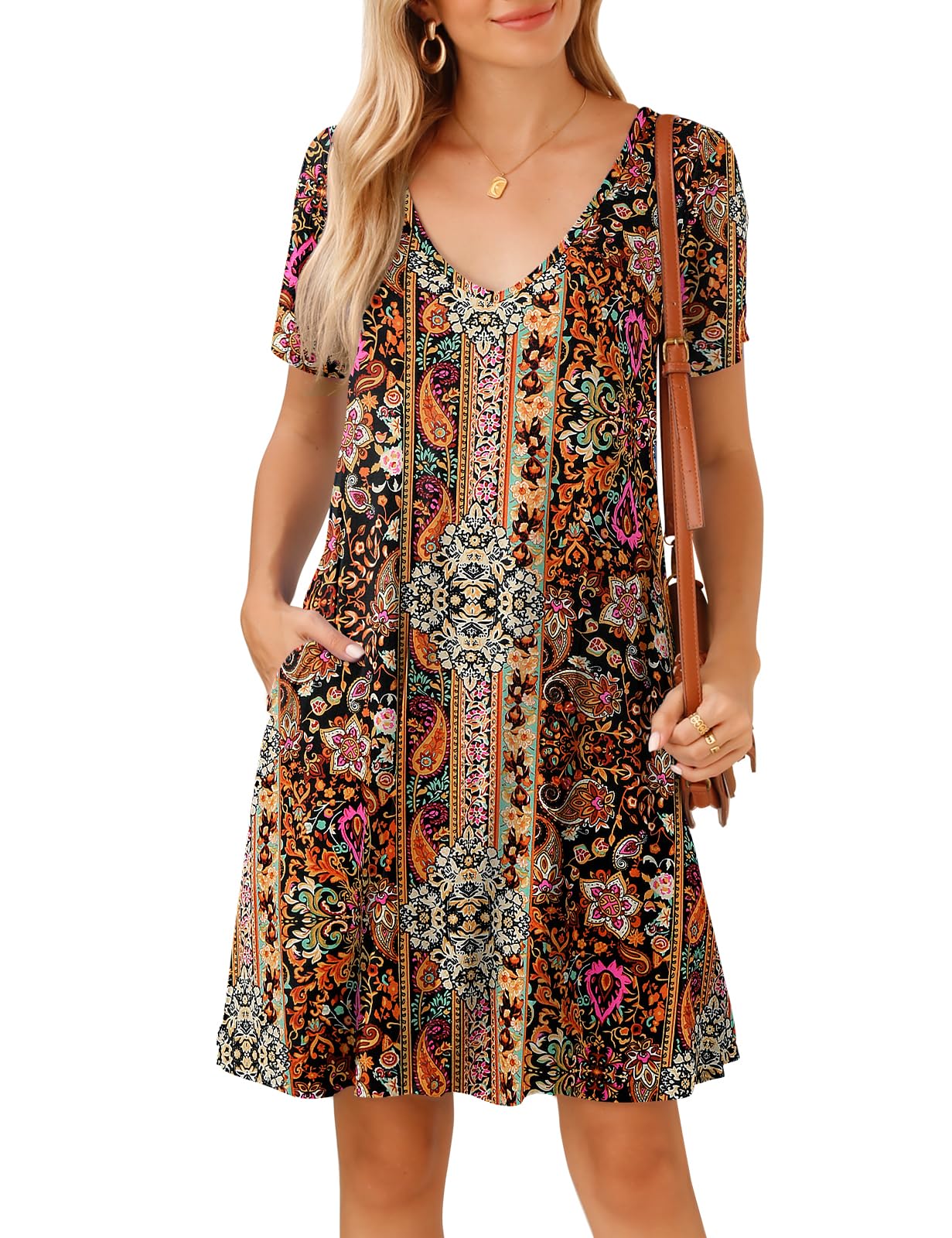 JollieLovin Women T Shirt Plus Size Summer Swing Dresses Short Sleeve V Neck Loose Casual Dress(L-5X)