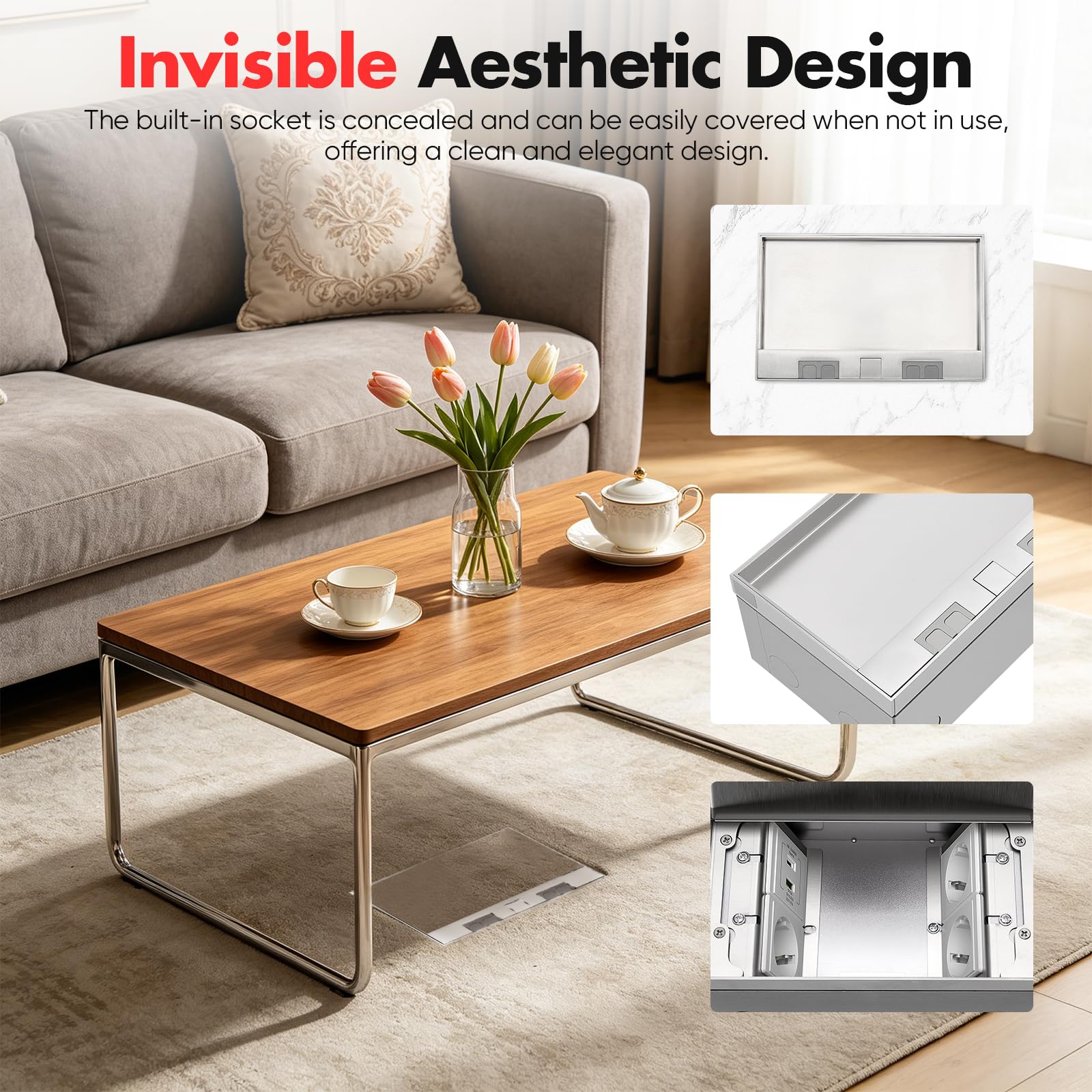 Bodeneinbausteckdose, 4000W 16A Edelstahl Wasserdichte Multifunktionale Bodentank Einbausteckdose mit 3 EU Steckdosen und USB + Type C Anschlüssen Bodentank Bodensteckdose für Küche Wohnzimmer Büro