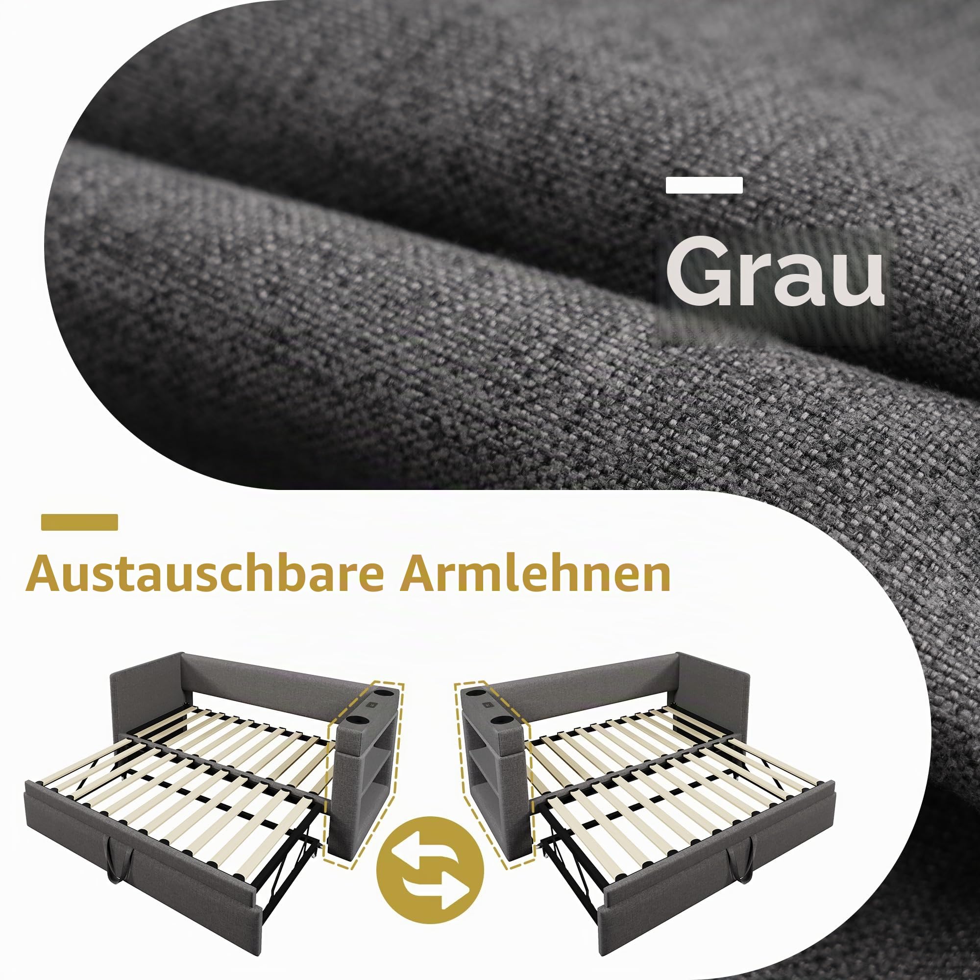Multifunktions Daybett Jugendbett 90x200 cm Ausziehbett mit USB-Type-C & USB Ladeanschlüssen und Getränkehalter, Kinderbett, Polsterbett, Klappbett Gästebett, Grau (Ohne Matratze)