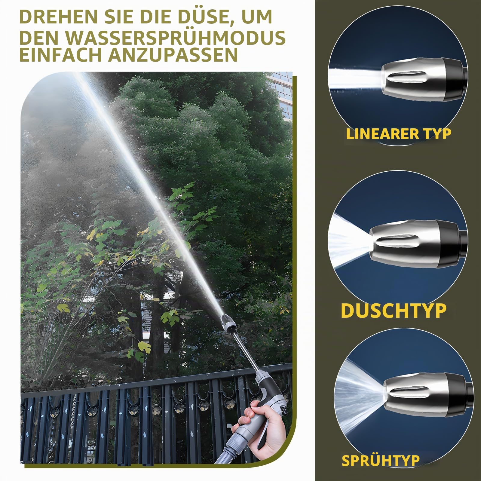 Turbo Washer für Gartenschlauch, Gartenschlauch Düse mit Drei Sprühmodi, Galvanisierte Hochdruck Wasserpistole, Geeignet für Gartenbewässerung, Reinigung von Böden, Terrassen, Haustieren Garten