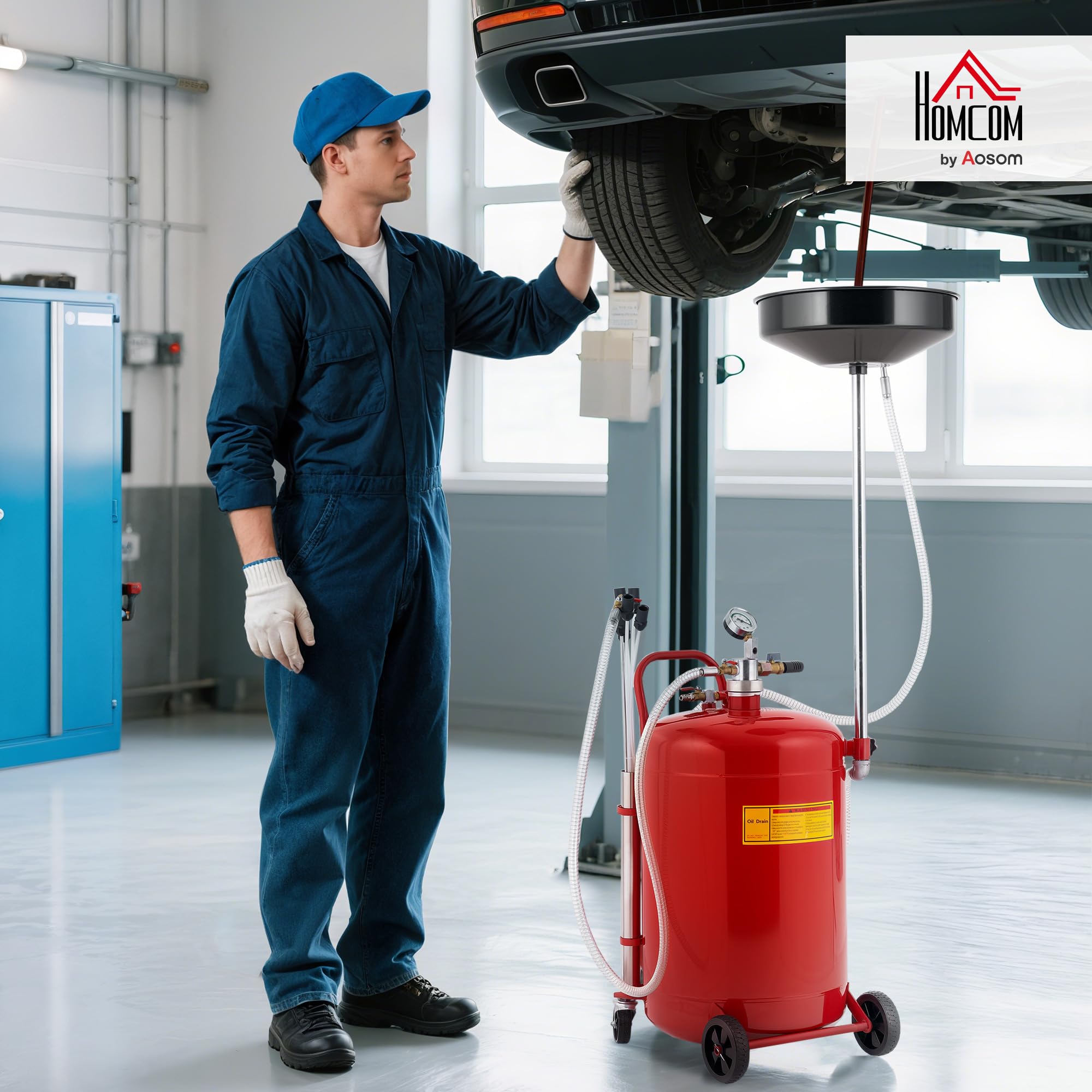 HOMCOM Récupérateur de Vidange d'Huile Usagée 80 L Hauteur 101-141 cm Rouge | Hauteur Réglable, Chariot Récupération Huiles Portable, avec Roues et Poignée