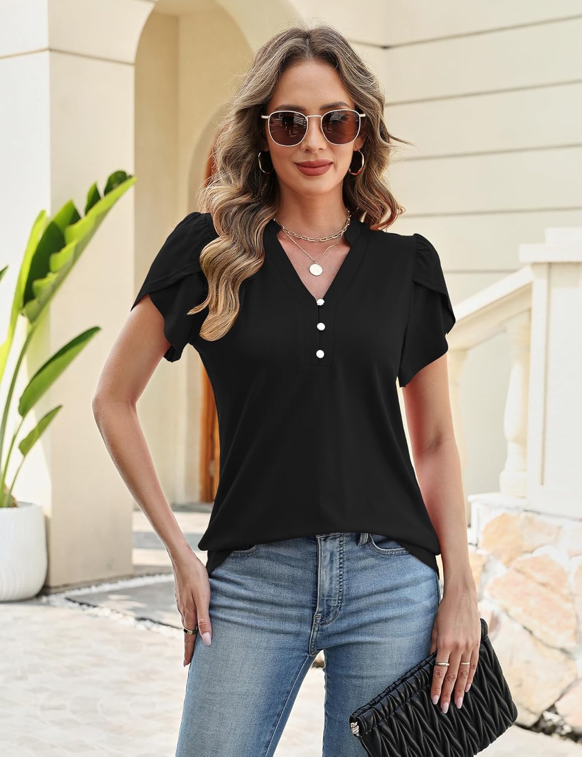 Rapbin Womens Spring Summer Petal Short Sleeve Tops V Neck Tunic Business Work Blouses Fashion 2026 - Image 6