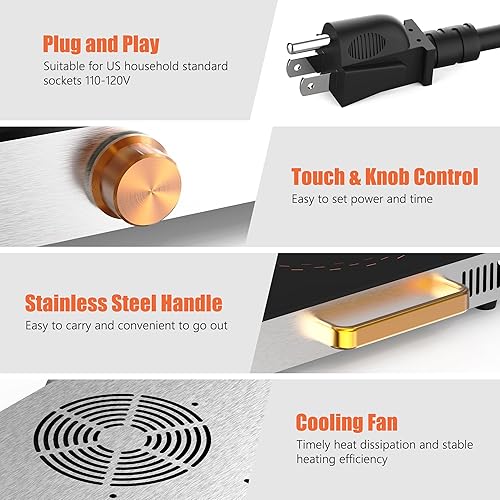 Miniatura 7 de Placa eléctrica de 2 quemadores, estufa eléctrica de 24 pulgadas, 2000 W, estufa de cerámica portátil de doble quemador con asa, control táctil y