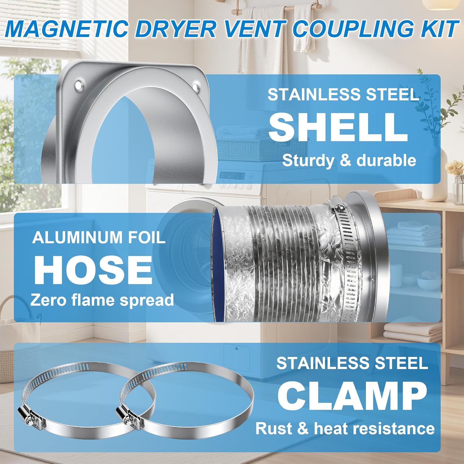 Upgraded Stainless Steel Magnetic Dryer Vent Connector Kit - Strong Magnet Airtight Seal Dryer Vent Hose for Tight Space, Quick Connect Disconnect, Easy to Clean 4IN Sealed Hose with Clamps & Screws