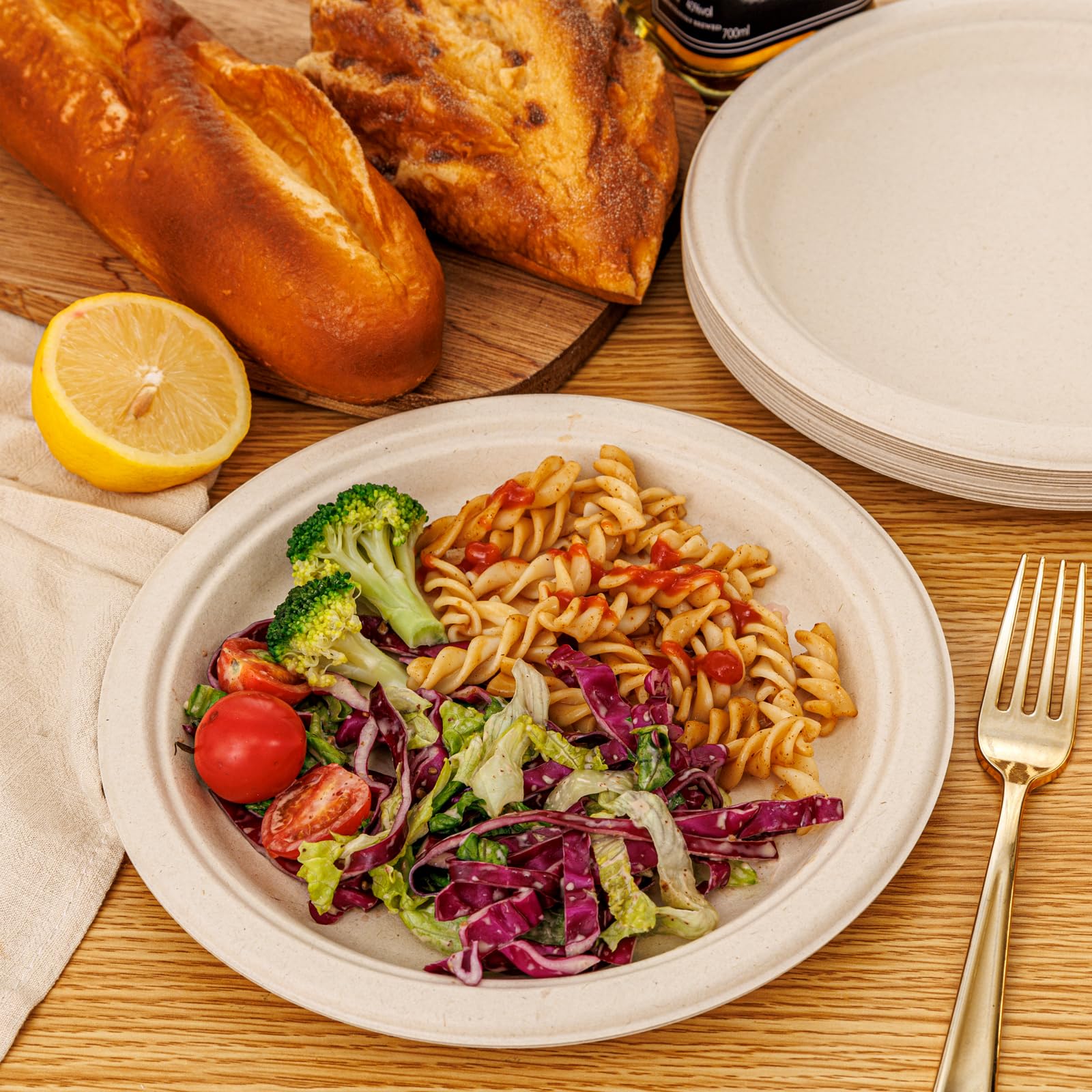 KMAKII Disposable Plates 7 Inch Sugarcane Bagasse, Compostable, Heavy