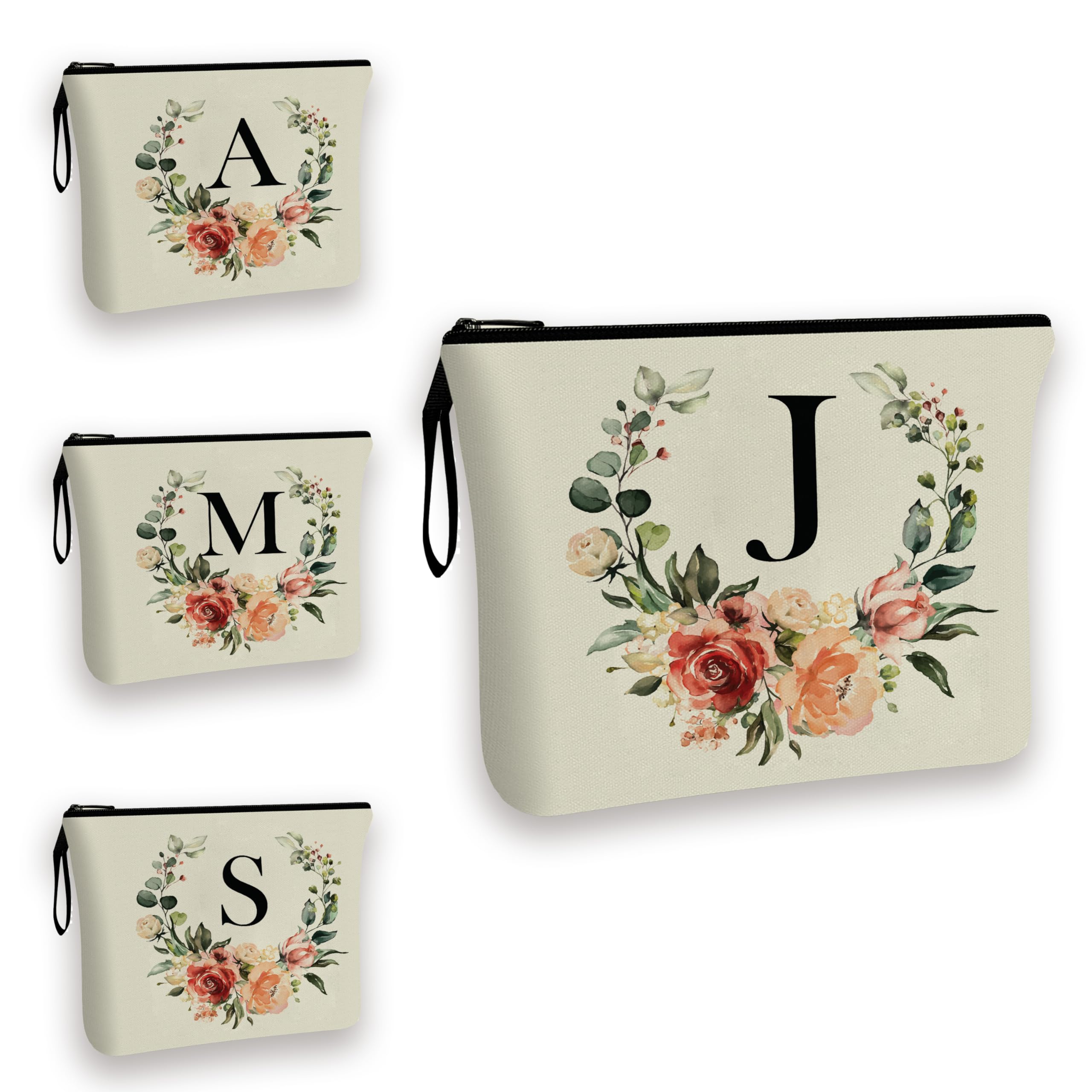Floral Initial Makeup Bag for Women - 25x18cm, A-Z Personalized Make Up Bag, Christmas Gifts Girls Toiletry Cosmetic Bags C1 (Initial #J)