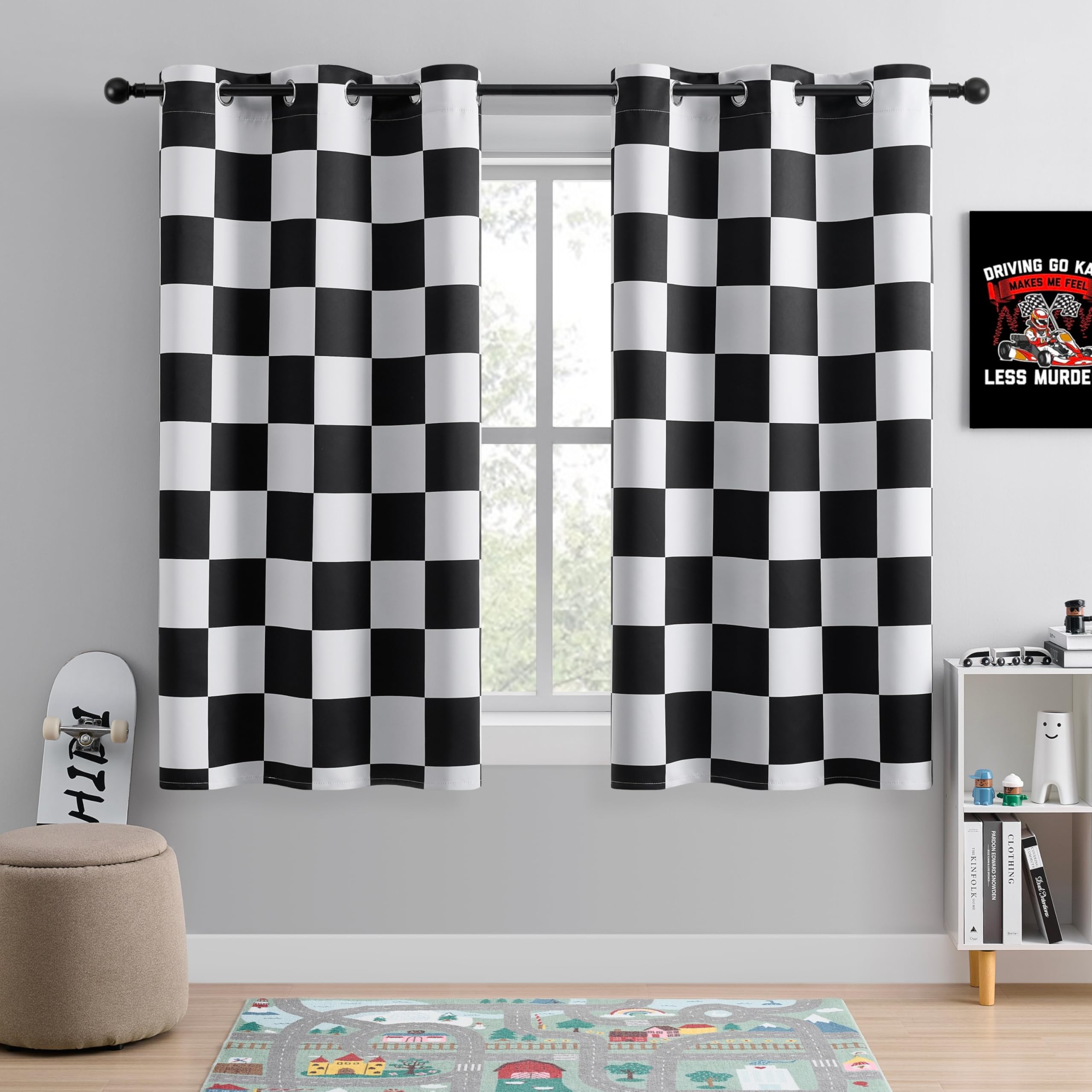 BOHOMOCASA 100% Blackout Curtains – Black and White Checkered Race Flag Pattern, 2 Panels, Each W42×L63, Thermal Insulated, Nosie Reducing for Bedroom, Living Room, Race car Drapes — image 1