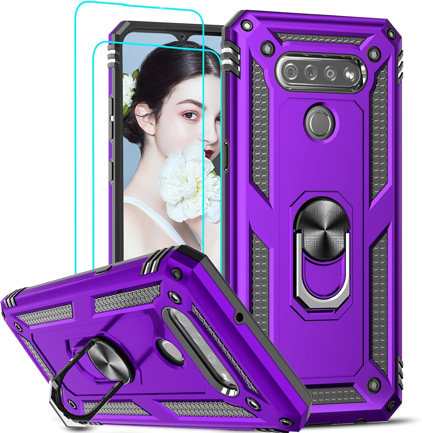 LeYi Compatible for LG K51 Phone Case, LG Reflect Case, LG Q51 Case with [2 Pack] Tempered Glass Screen Protector, [Military-Grade] Case with Magnetic Ring Kickstand for LG K51, Purple