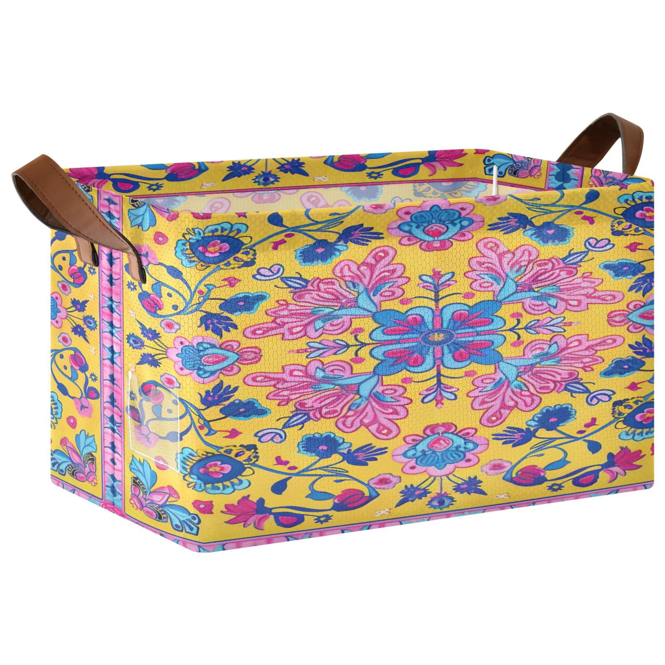 Kutsu Foldable Storage Basket Mandala Collapsible Storage Bin with Handles for Shelves, Rectangle Basket for Home Nursery Decor, 16.9x11.4x10 in