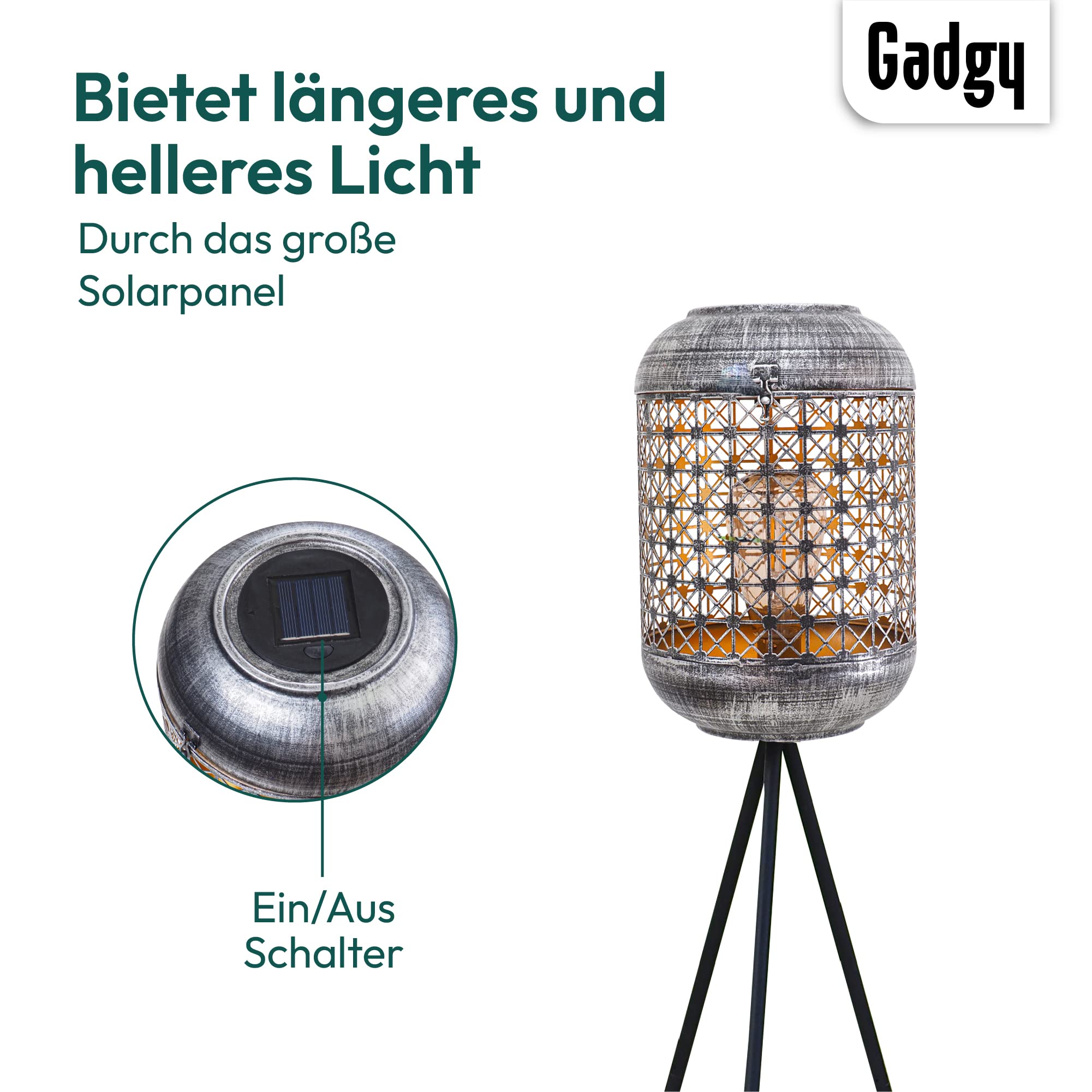 Gadgy Outdoor Stehlampe LED solar - Wasserdichte Stehlampe Garten außen - Solar Standleuchte für nachhaltige Beleuchtung - LED Außenstehleuchte Dreibein - Solar Lampe Outdoor
