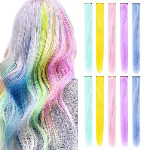 Miniatura 2 de 10 extensiones de cabello sintético de colores con clip, resistentes al calor, para fiestas, de 21 pulgadas (azul claro, rosa claro, verde claro,