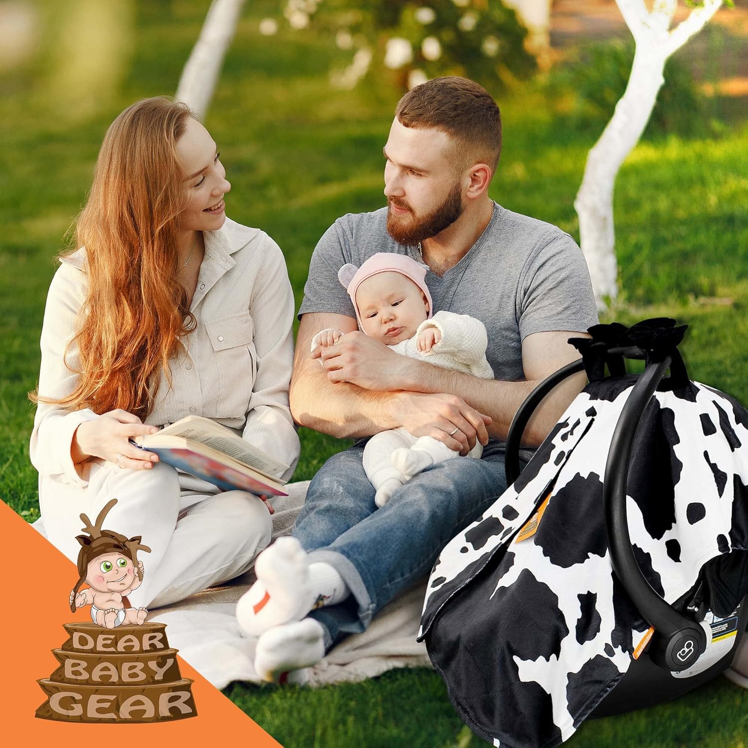 Dear Baby Gear Bundle: 1 Deluxe Crib Sheet, Black White Holstein Cow Print - 1 Car Seat Canopy, Snap Button Opening - 1 Custom Print Baby Blanket - 3 Items in Black and White Holstein Cow Print