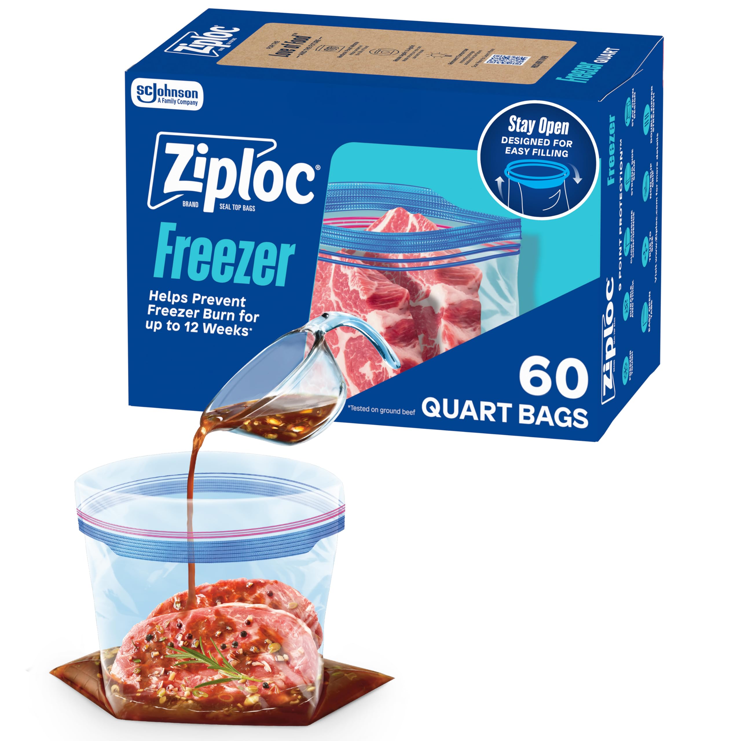 Ziploc Quart Food Storage Freezer Bags, Stay Open Design, Easy to Fill, 60 count (Packaging May Vary)
