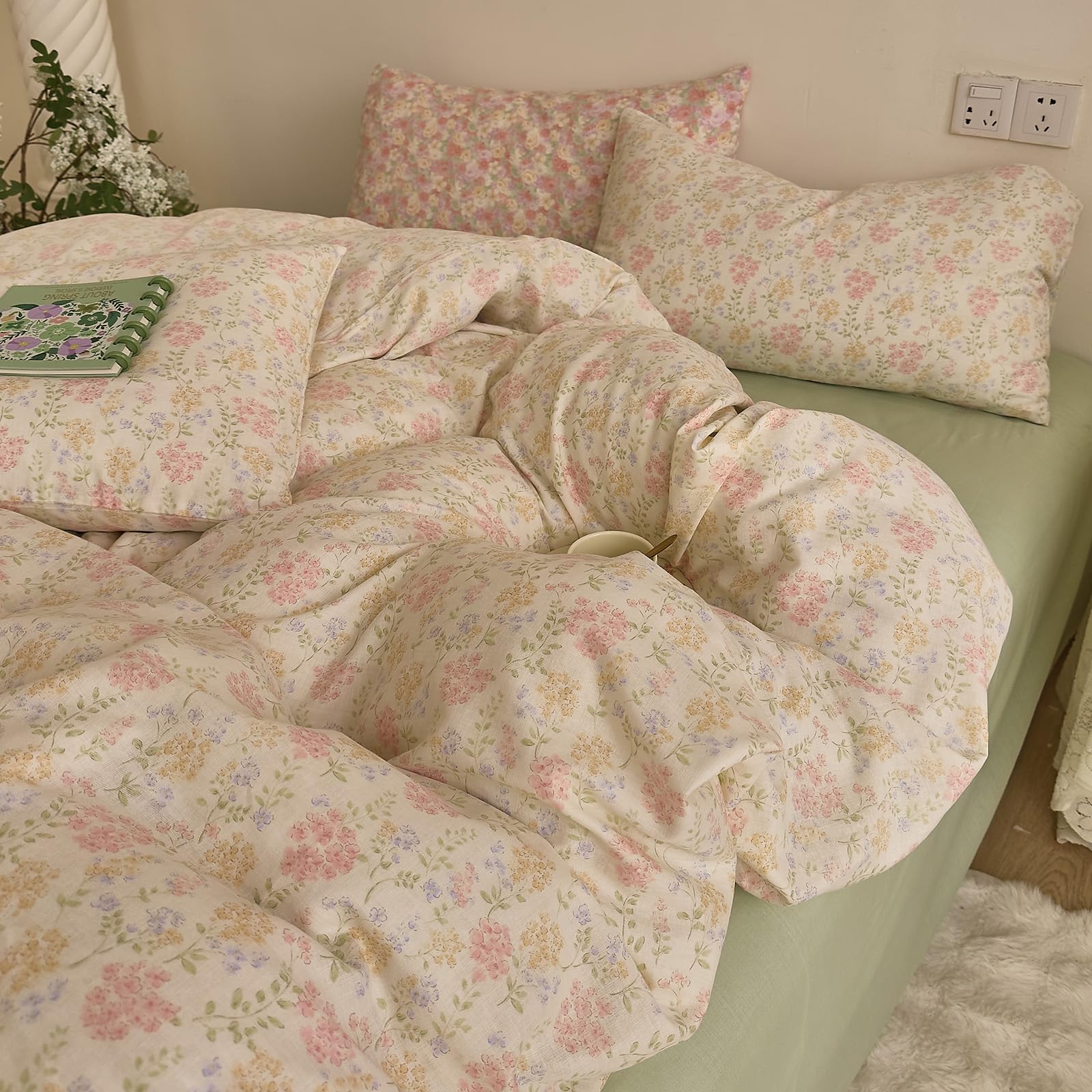 VM VOUGEMARKET Pink Flower Duvet Cover Set Queen Soft Muslin Cotton Aesthetic Bedding Set Garden Floral Duvet Cover with 2 Pillow Shams,Blooming Comforter Cover for Teen Girls