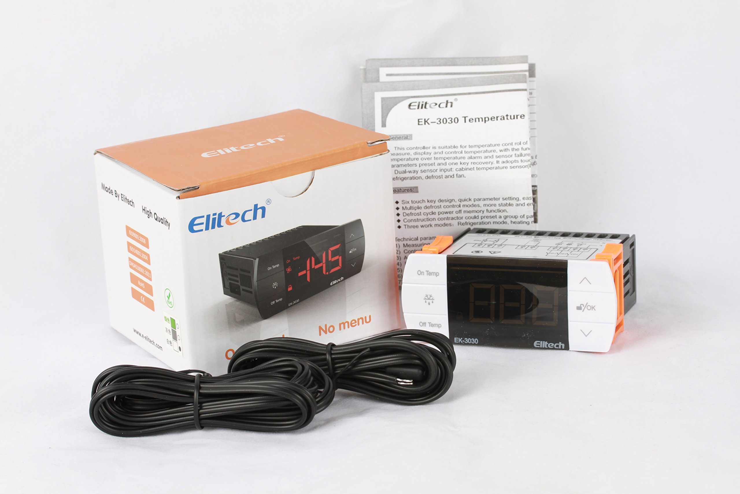 Elitech EK-3030E Régulateur de température numérique avec écran tactile, Thermostat à 2 relais, contrôle en sortie sortie réfrigération / chauffage, dégivrage et ventilateur, 2 sonde