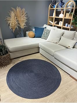 Jüt Yuvarlak Hasır Görünümlü Klasik Halı Kilim BambuLacivert 70 x 70