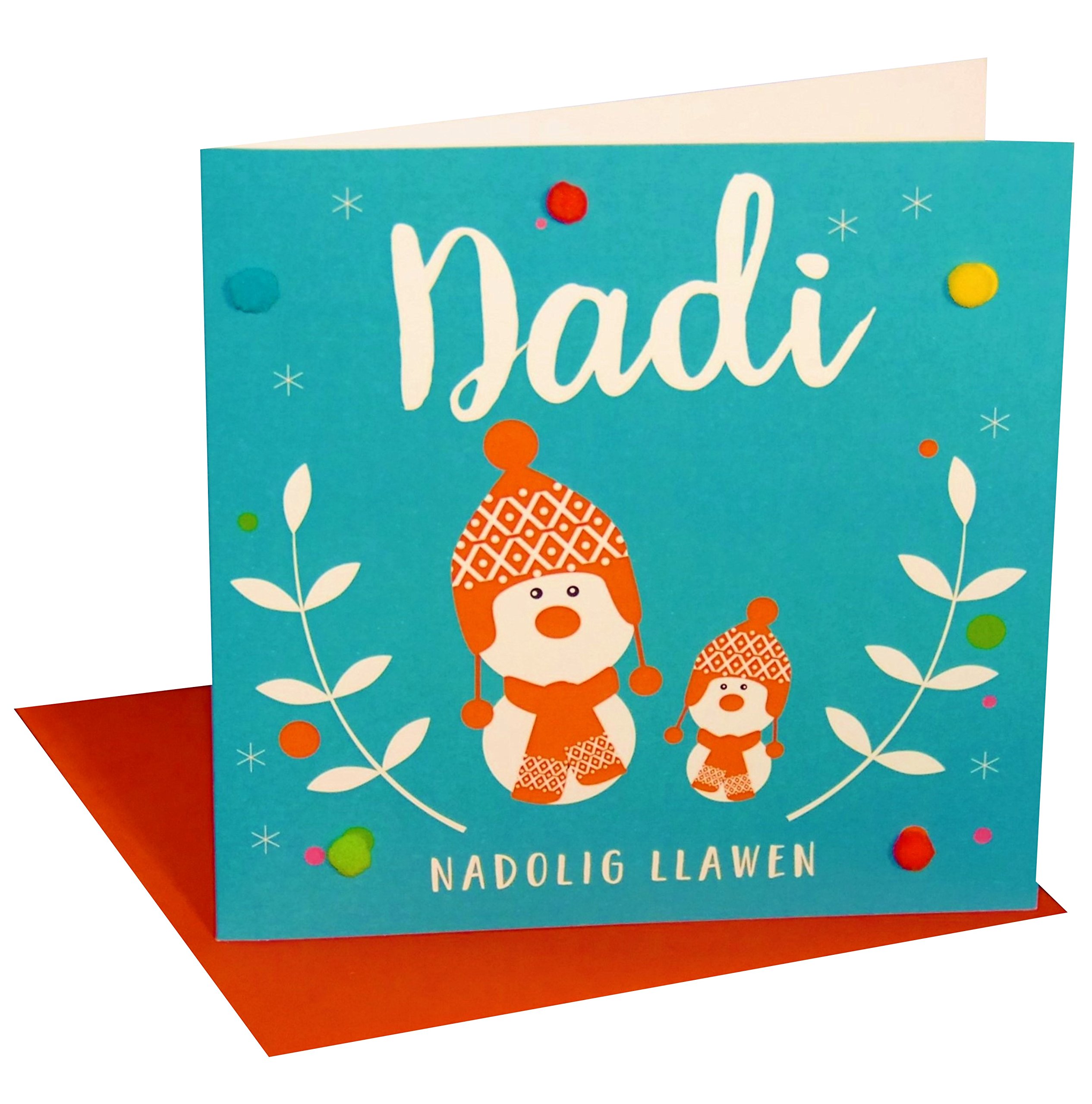 Claire Giles Greeting Cards, Welsh Happy Christmas Daddy Card, Nadolig Llawen Dadi, Two Snowmen Design Xmas Greeting Card, Embellished with Colourful Pompoms