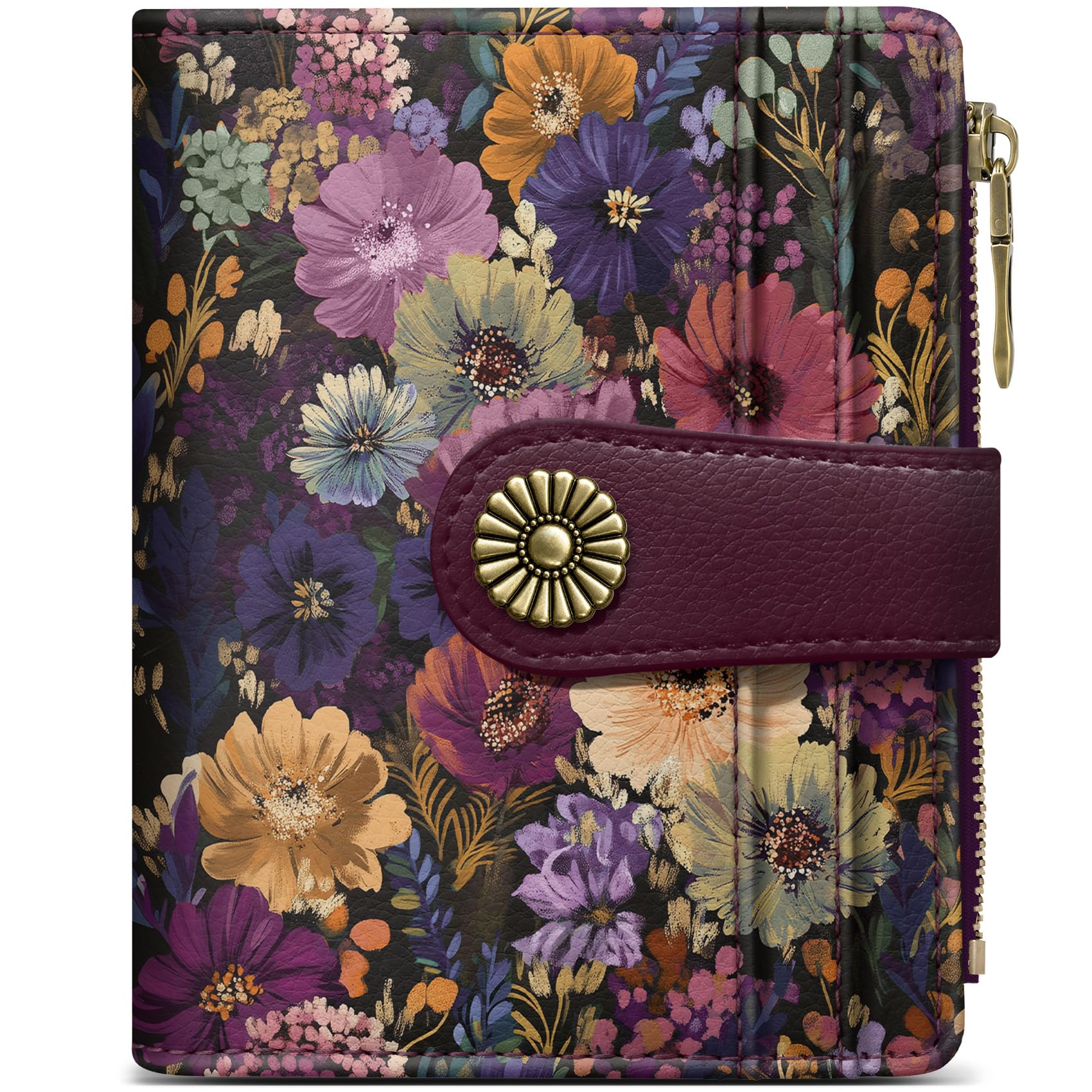 Allunid Small Wallet for Women, RFID Blocking Bifold Card Holder Wallet with 10 Card Slots, Cash Compartment, Zipper Coin Pocket & ID Window, Cute Soft Vegan Leather Compact Wallet, Midnight Bloom