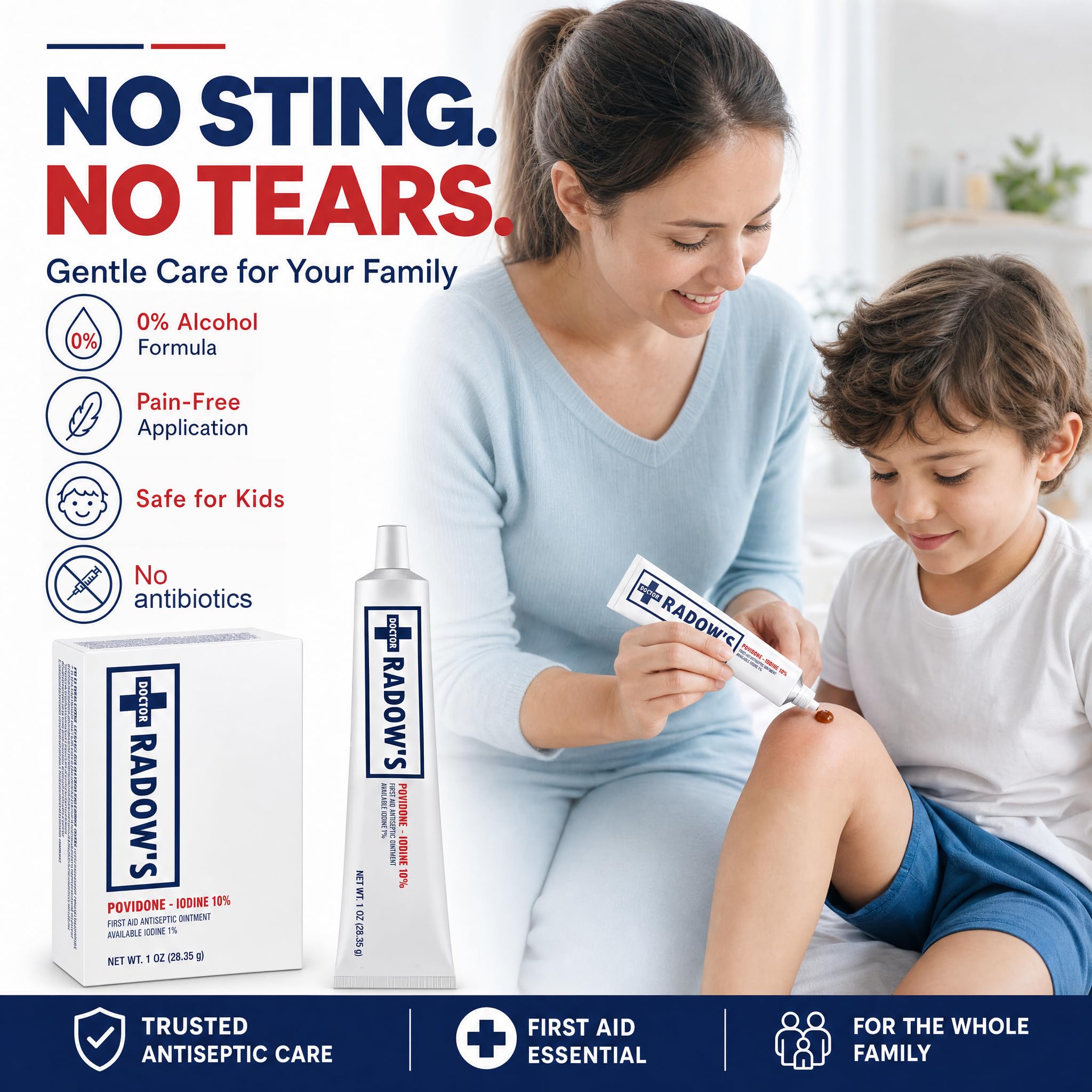 Doctor Radow's Ungüento antiséptico de povidona yodada, 10% povidona yodada, cuidado de heridas sin antibióticos para quemaduras, cortes y más, promueve la curación, para uso doméstico y médico,
