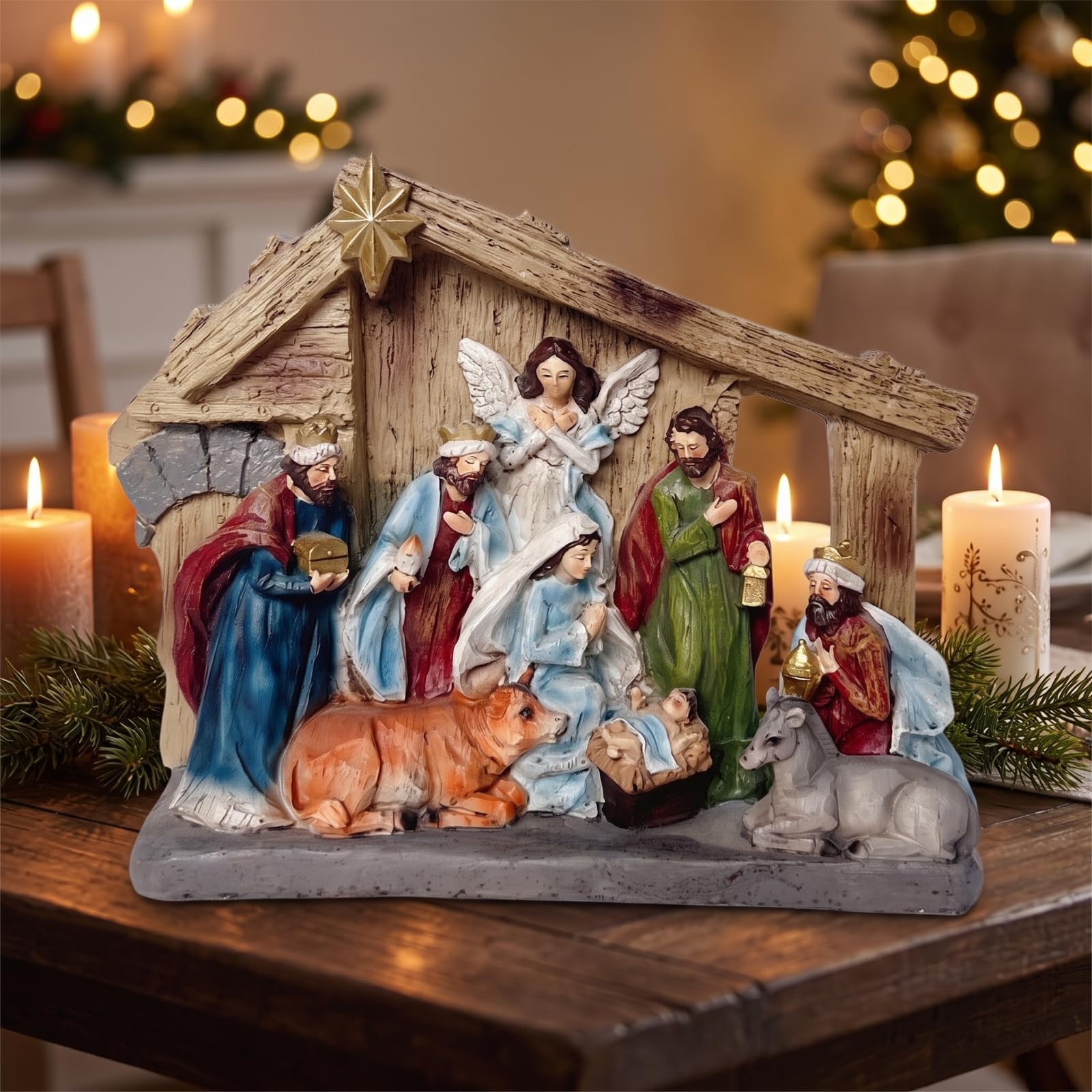 rockible Presepe con Capanna Natalizio Presepe da Tavolo Rustico Decorazione per Collezionisti