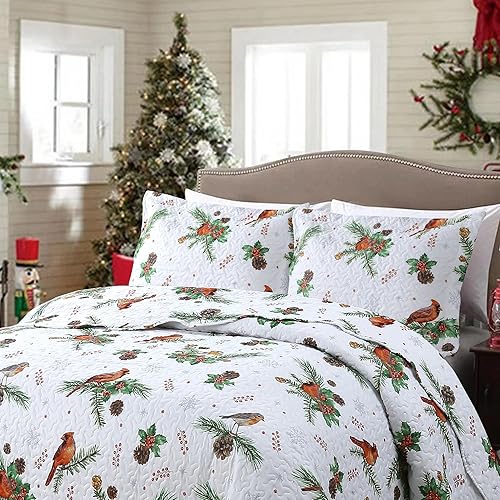 Miniatura 3 de MarCielo Juego de edredón de Navidad de 3 piezas, colcha rústica con ciervo, colcha ligera (cardenales, King)